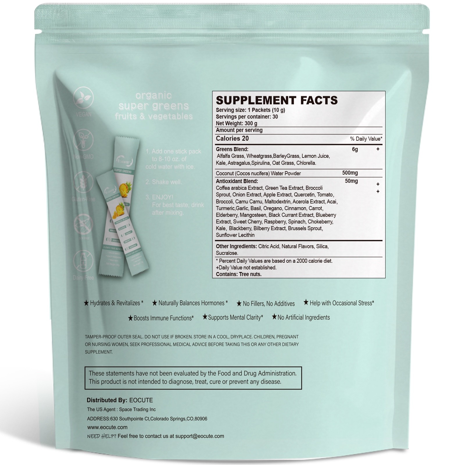 Super Greens Powder Reduce Bloat Digestive Health & More 3 flavors-30 packets US
