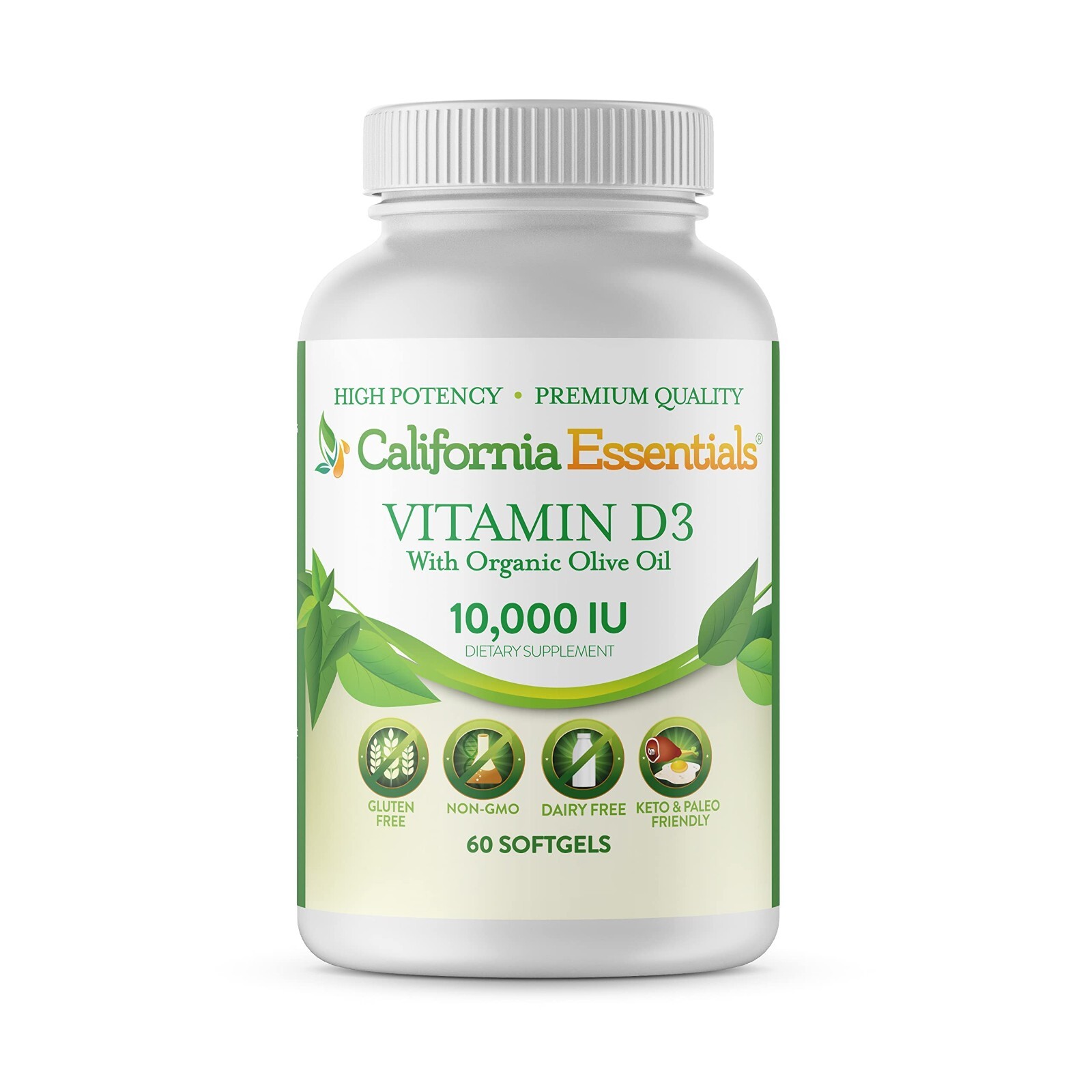 Vitamin D3 10000 IU with Organic Olive Oil Softgels Vit D3 Gluten Free Non-GMO