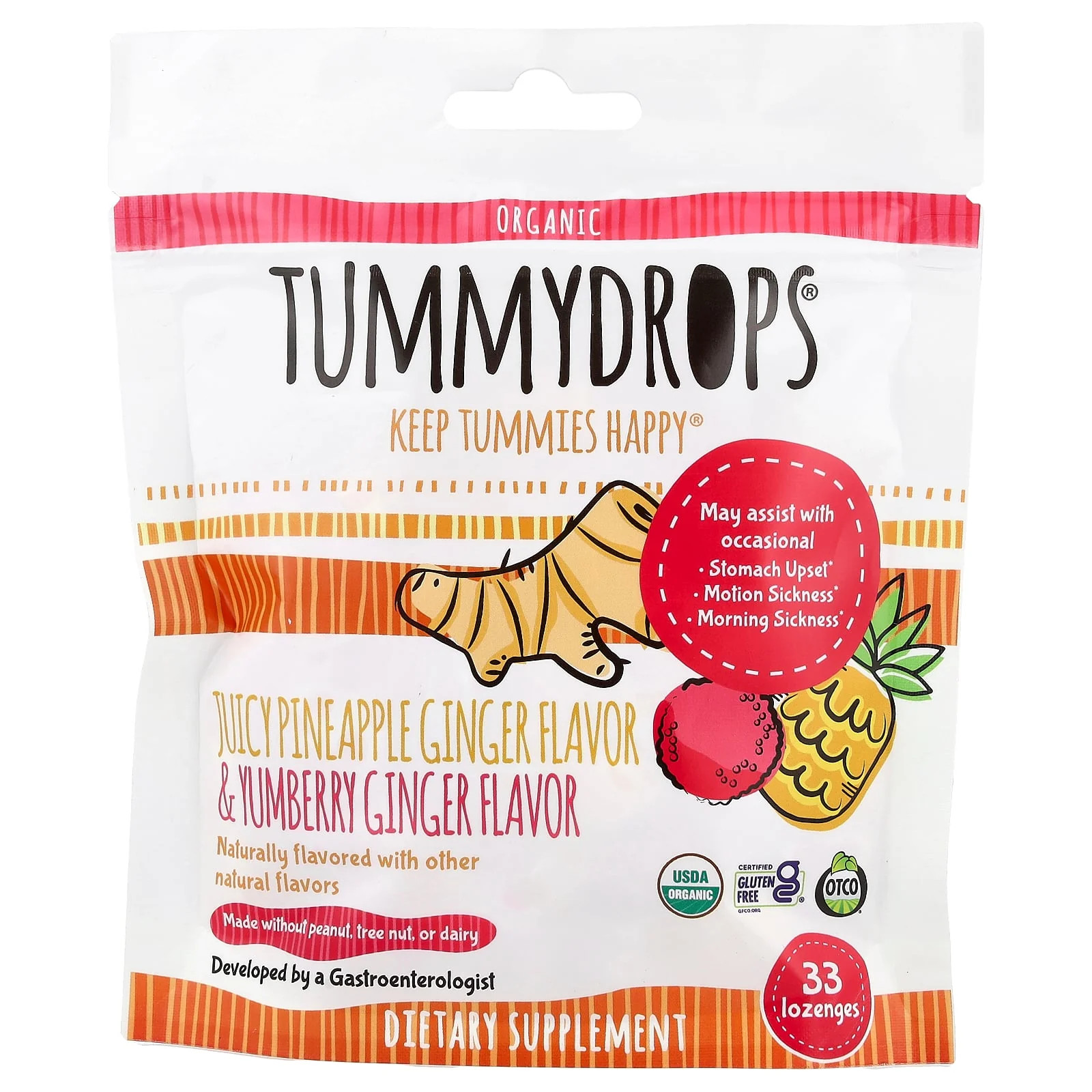 2 X Tummydrops, Organic Juicy Pineapple Ginger & Yumberry Ginger, 33 Lozenges