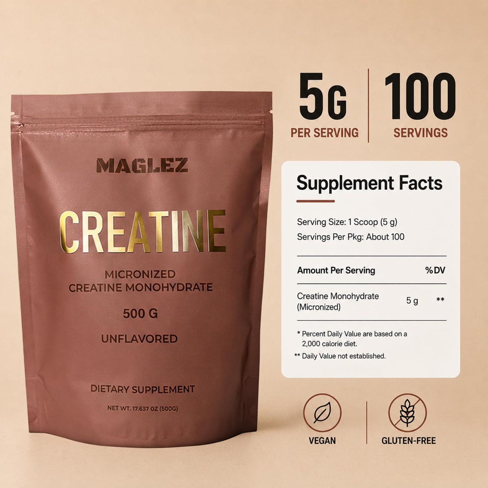 Micronized Creatine Monohydrate Powder 500g – 100 Servings, Unflavored, Boosts S