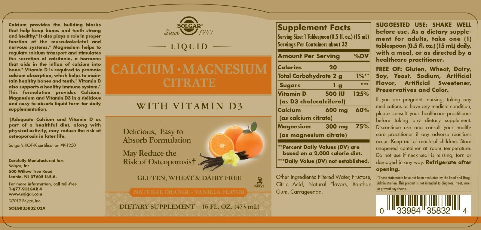 2 x Solgar Liquid Calcium Magnesium Citrate Vitamin D3 Orange Vanilla 16oz
