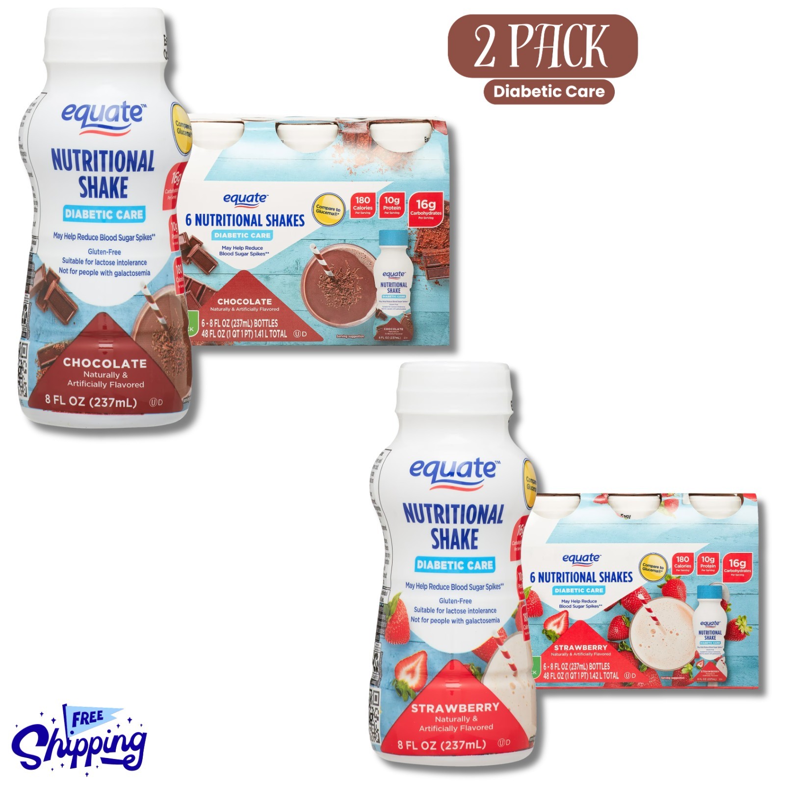 Equate High Diabetic Care Nutri Shake, Strawberry & Chocolate Flavour, 8 oz 12Ct