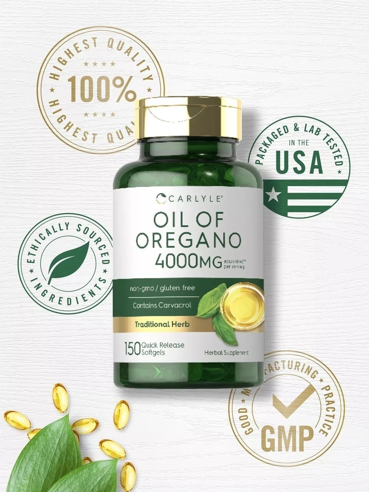 Oregano Oil 4000 mg 150 Softgel Capsules | Contains Carvacrol | by Carlyle