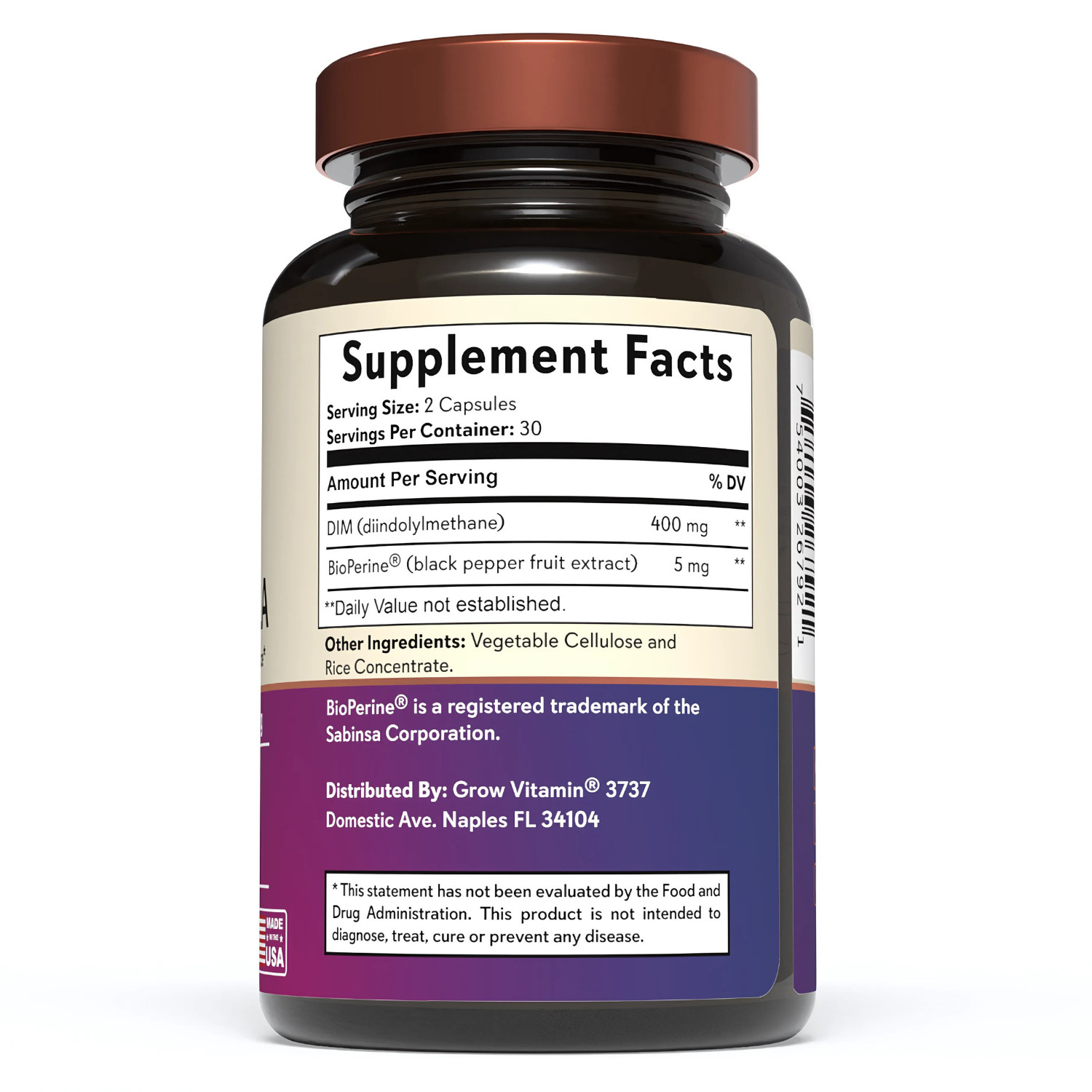 DIM (Diindolylmethane) 400mg with Bioperine, Made in the USA, NON-GMO, 60 CAPS