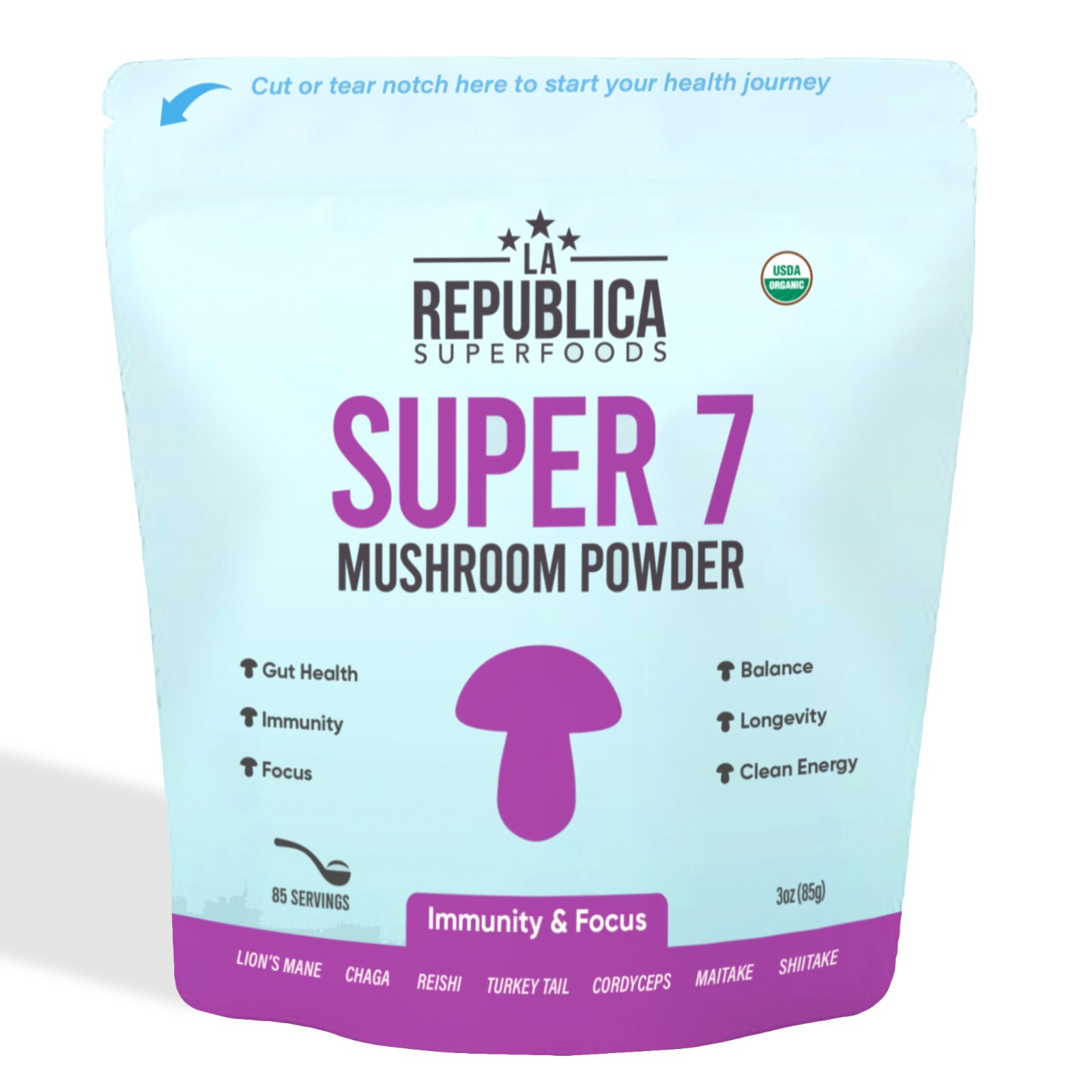 La Republica Super 7 Mushroom Extract Powder 3 oz (Full-Fruiting Bodies) 85 Svg