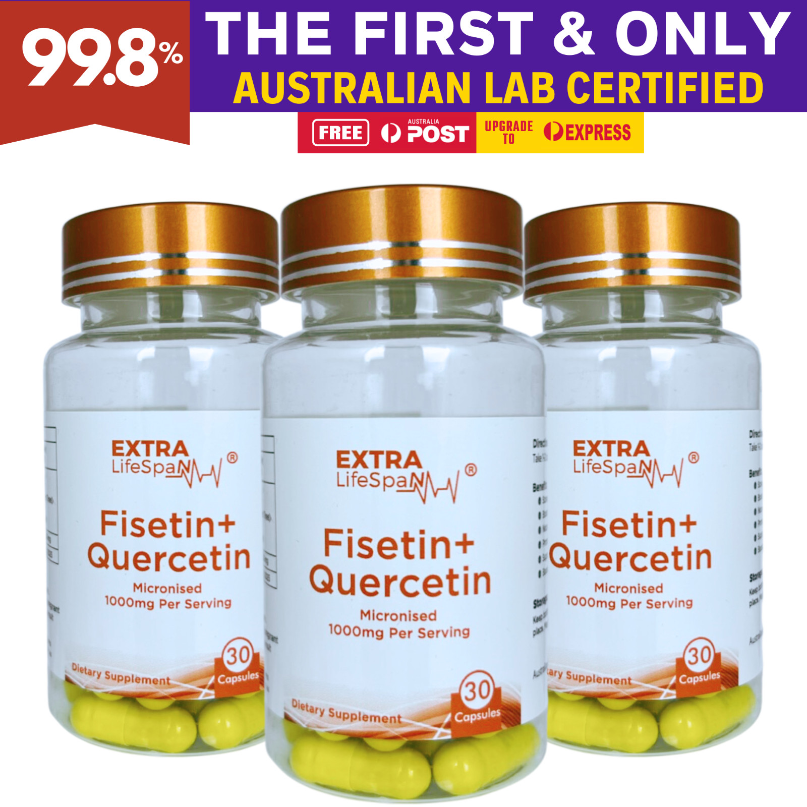 Fisetin Quercetin 99.8% Australia 500mg x 30 Capsules Extra Lifespan Supplement