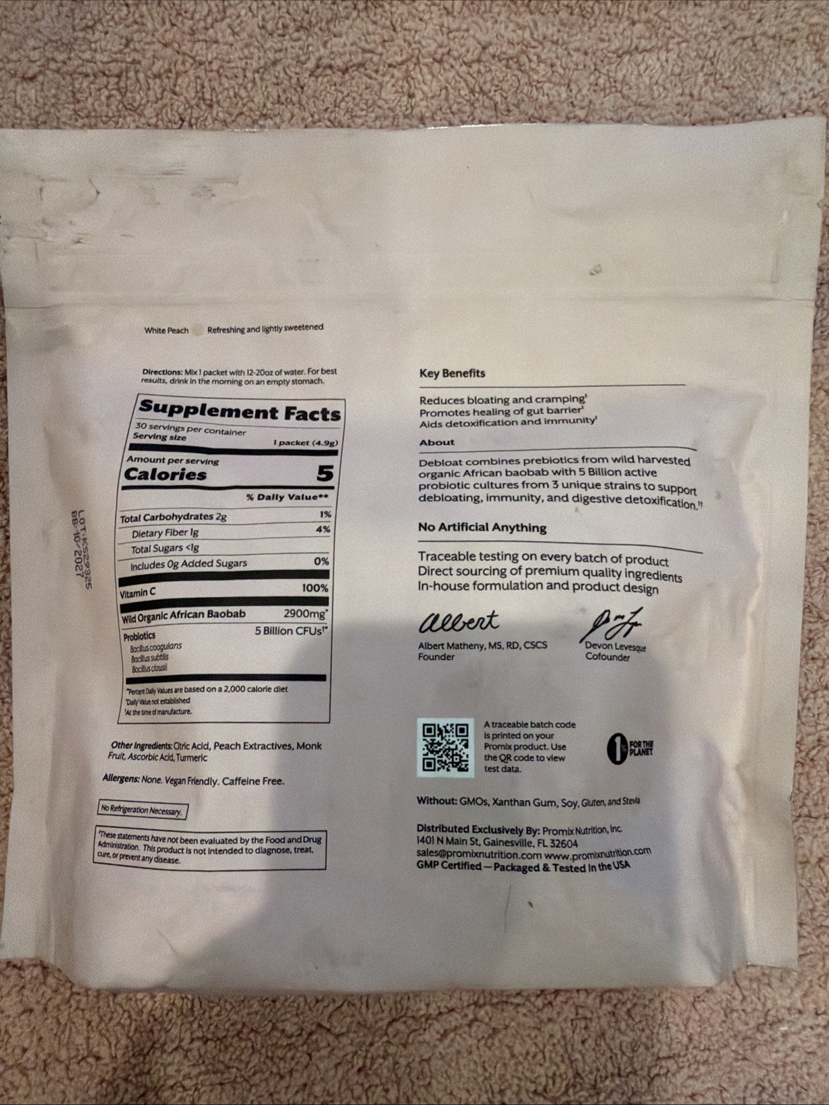 ProMix Nutrition Debloat Prebiotics Probiotics Bloating Relief Gut WHITE PEACH