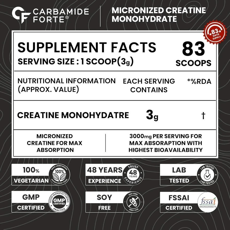 Creatine Mono Hydrate Powder | 250gm Unflavoured 80 Servings (Pack of 3) Q040