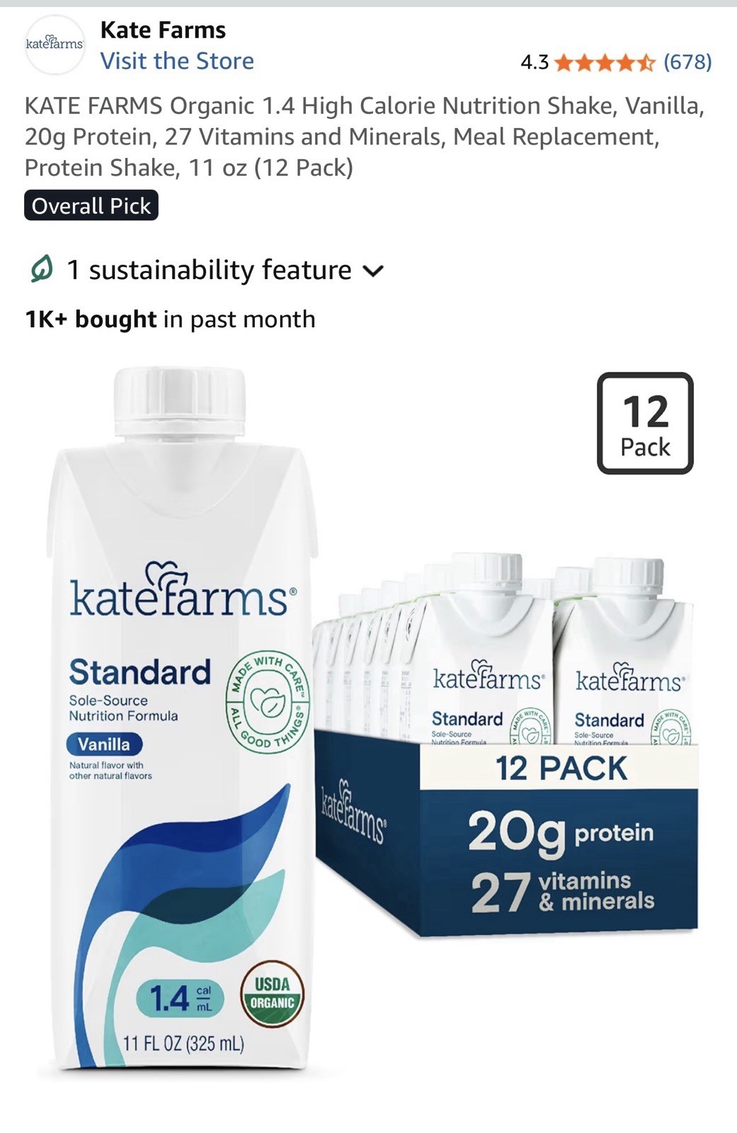 1 Case (12pk) Kate Farms Standard 1.0 Vanilla 11oz 12pk Case EXP April 2027