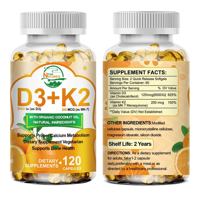 Vitamin D3 K2 Capsules for Bone Strength & Cardiovascular Health 1/2/4 Bottles