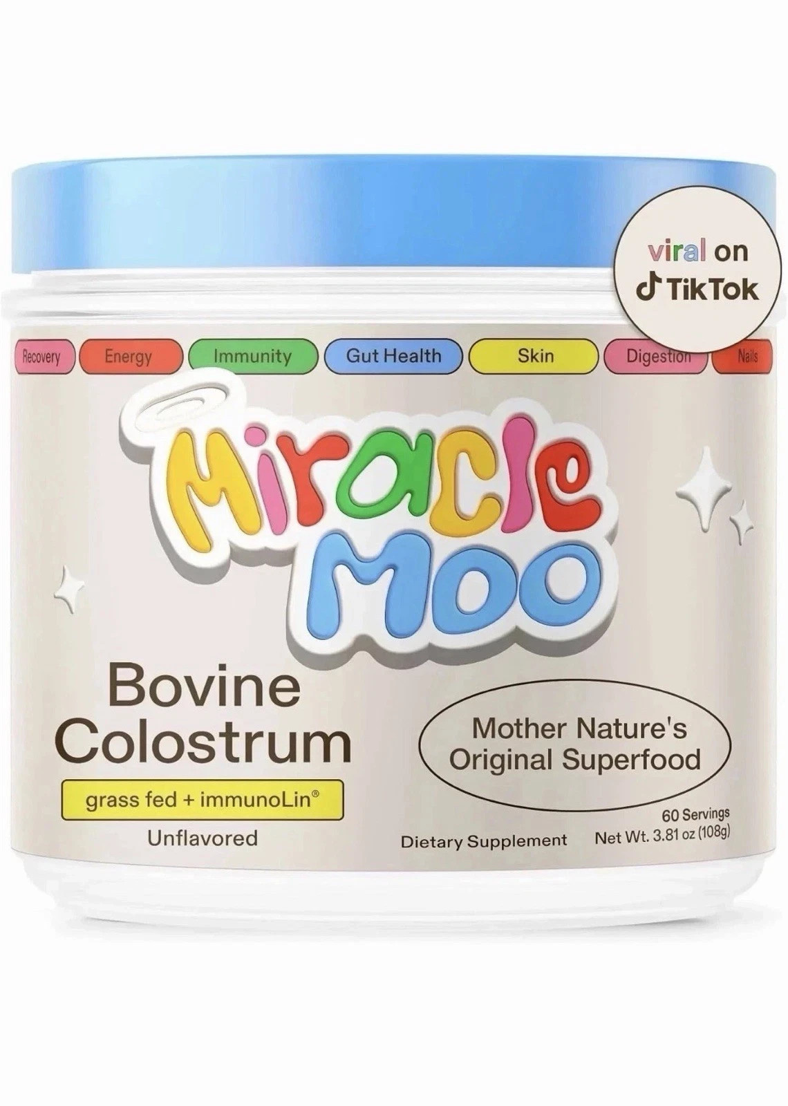Miracle Moo Bovine Colostrum Powder with immunoLin Grass Fed Unflavored 3.81 oz
