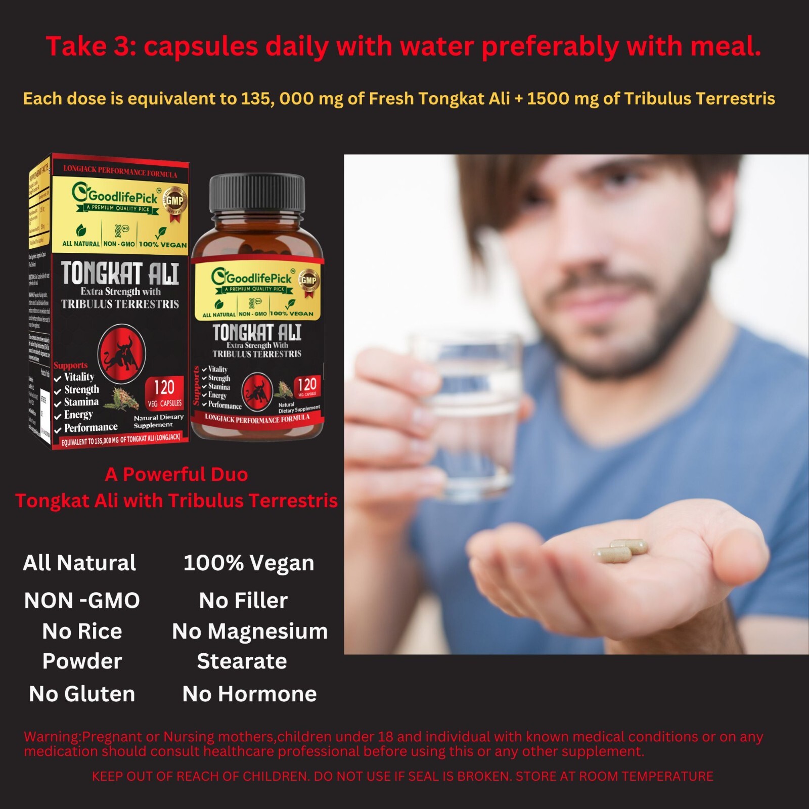 LONGJACK TONGKAT AL1 ROOT EXTRACT WITH TRIBULUS TERRESTRIS- MAXIMUM BENEFITS-120
