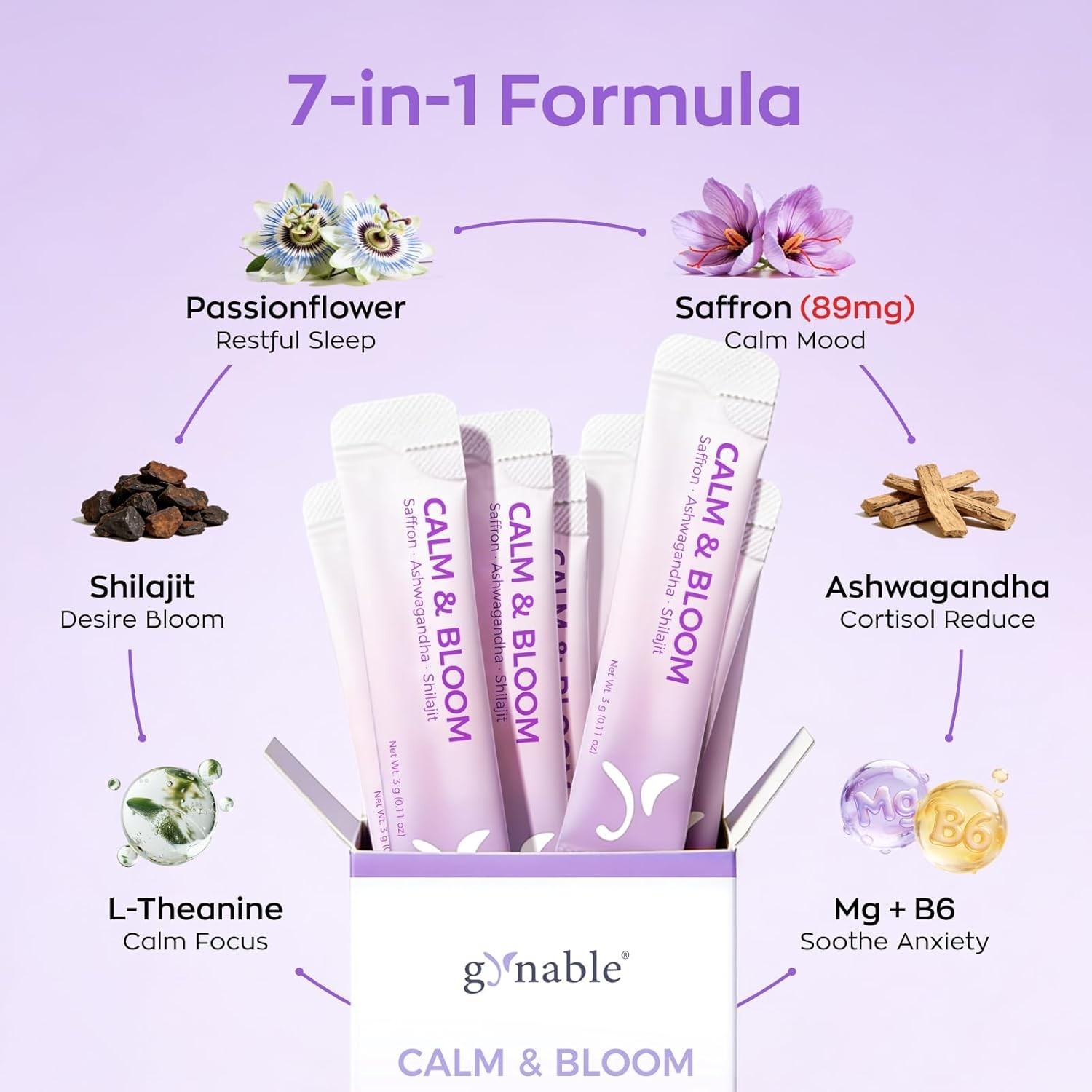Gynable Saffron Supplements Calm Drink Mix Powder,7‑in‑1 Blend with 89mg Saffron