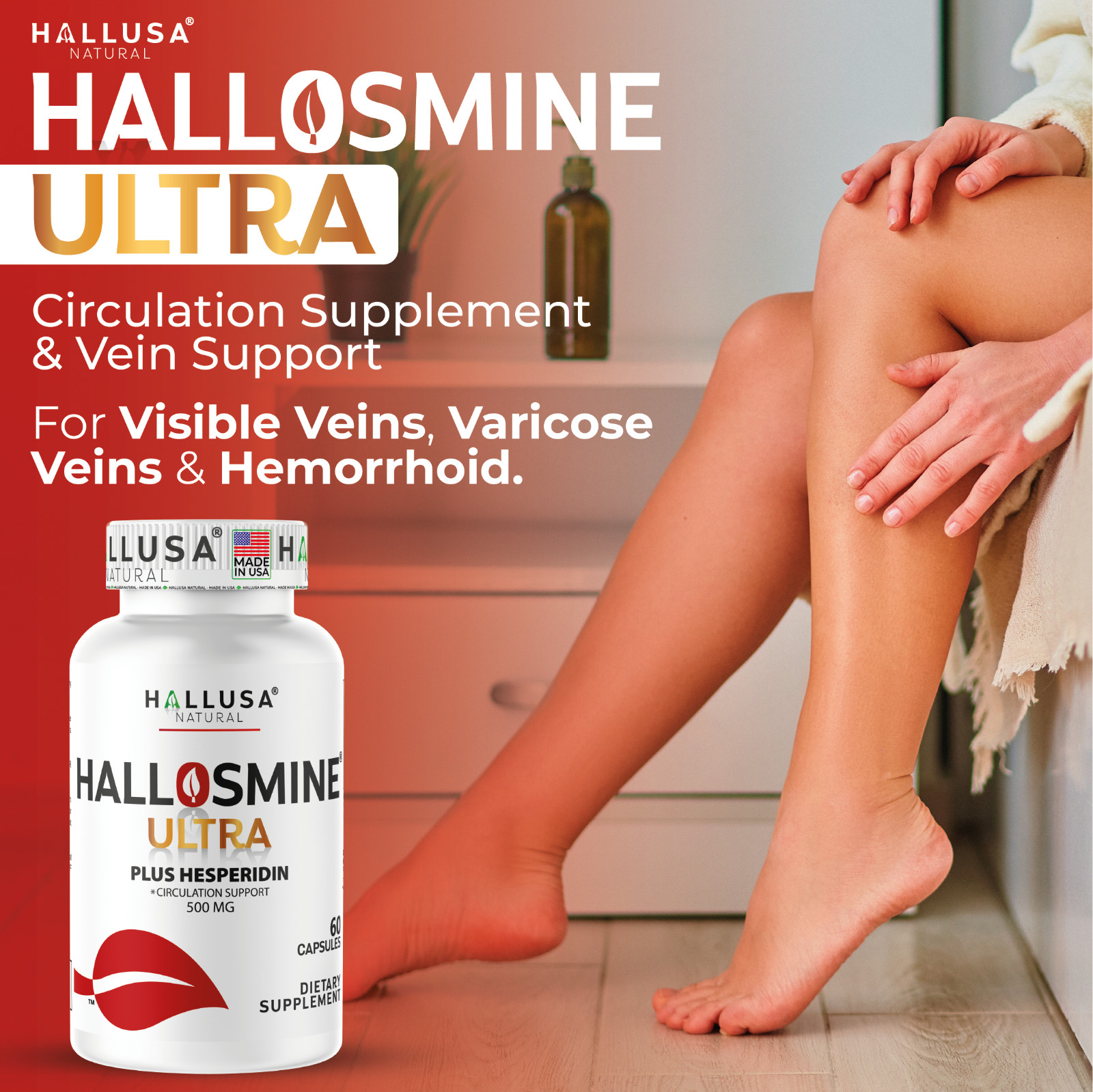 HALLOSMINE ULTRA Diosmin Hesperidin 650 mg Varicose Veins Hemorrhoids – 60 caps