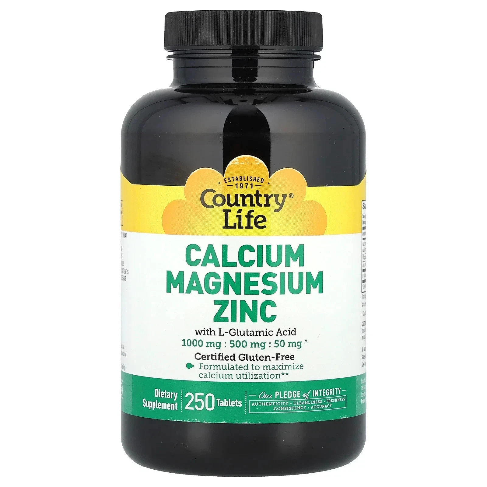 Country Life Calcium Magnesium Zinc with L-Glutamic Acid 250 tabs (Pack of 3)