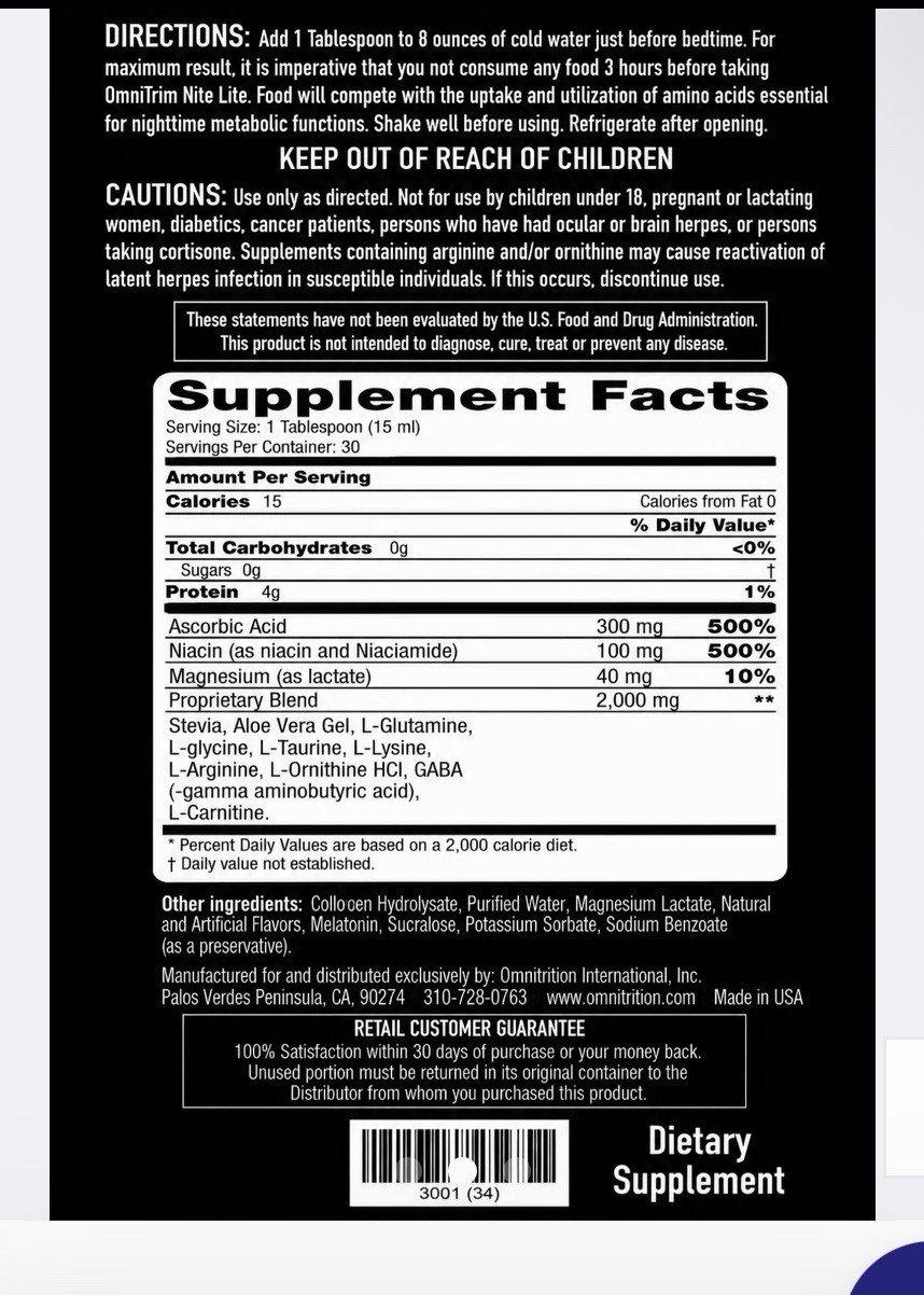 Omnitrim Nite Lite Nighttime Sleep Support Dietary Supplement Liquid 15 fl oz