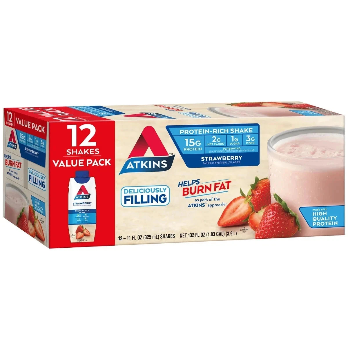 Atkins Strawberry Protein Shake 12 Pack – Keto Friendly, 15g Protein
