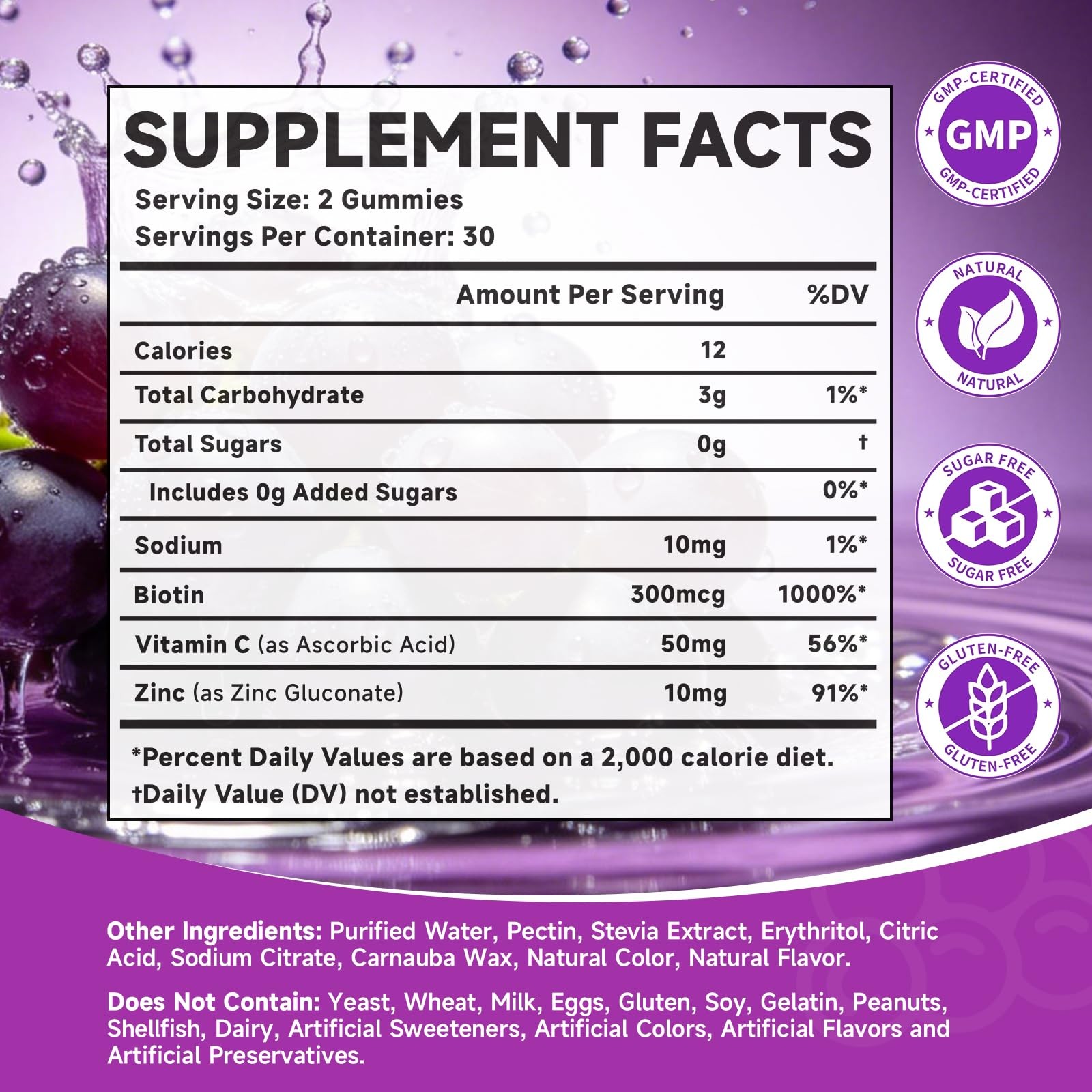 Sugar Free Biotin Hair, Skin & Nails Gummies, Supports 60 Count (Pack of 1)