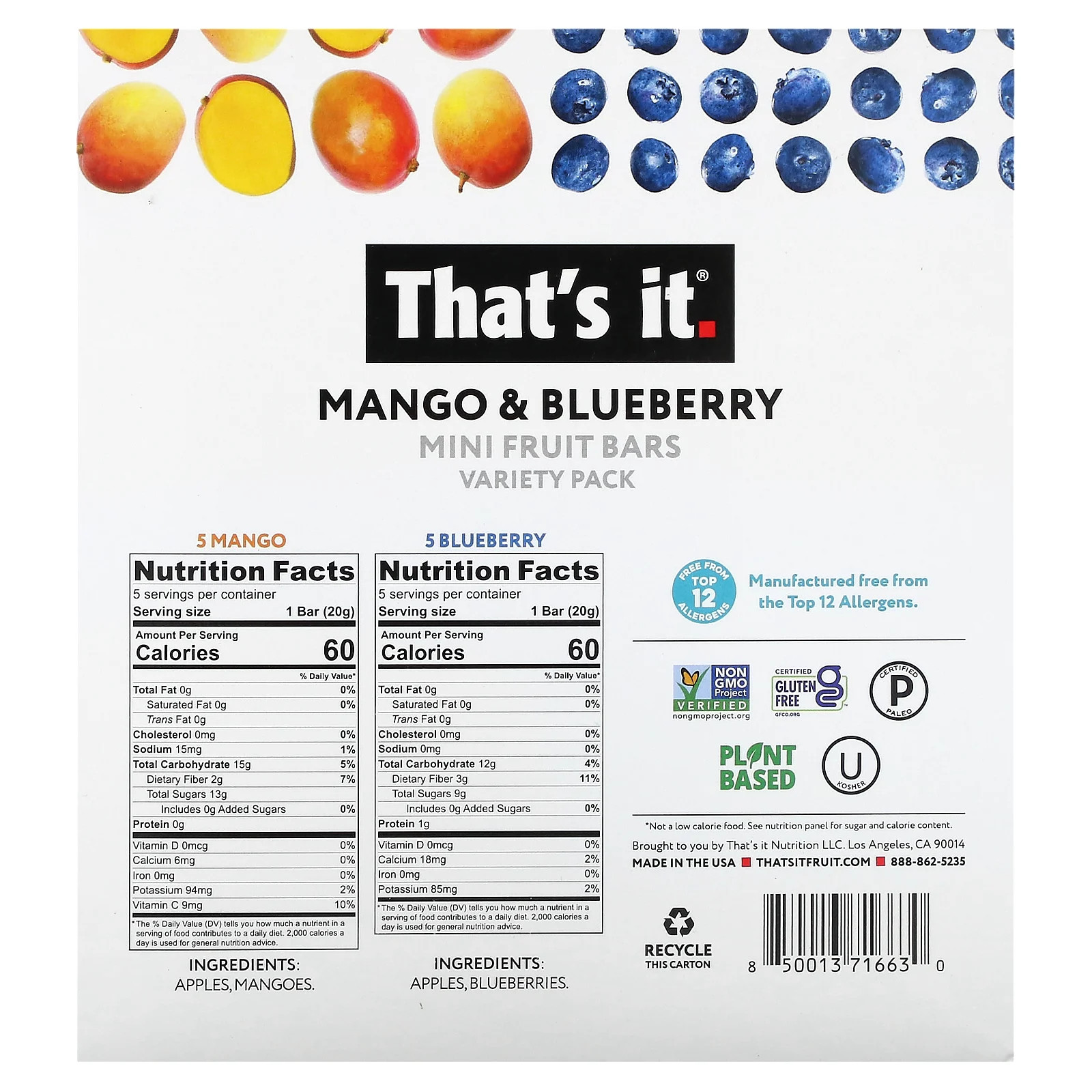 Mini Fruit Bars, Variety Pack, Mango & Blueberry, 10 Bars, 0.7 oz (20 g) Each