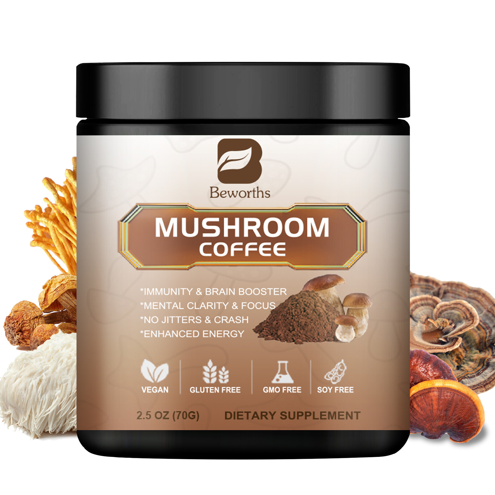 70g Mushroom Coffee Organic Lions Mane Reishi Chaga Immunity & Brain Booster