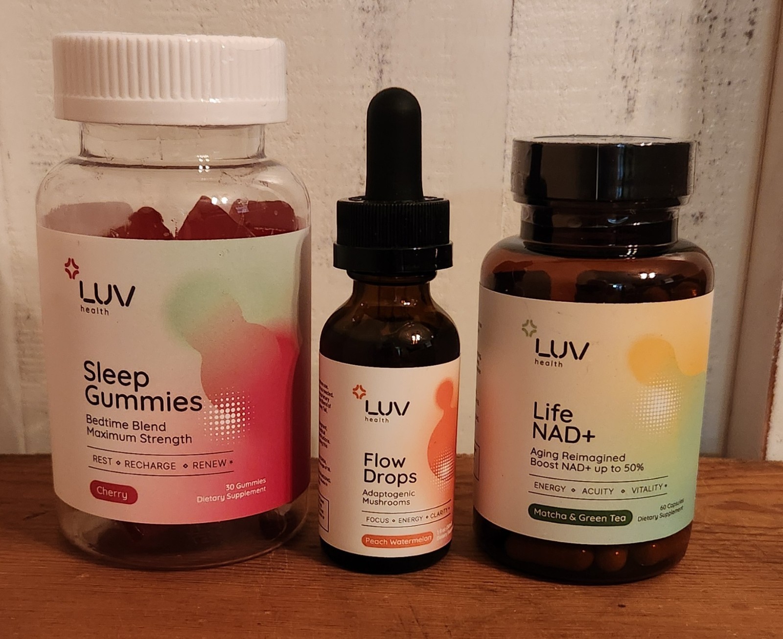 LUV Flow Drops(focus,energy,clarity)& Life NAD+(acuity,vitality)& Sleep Gummies