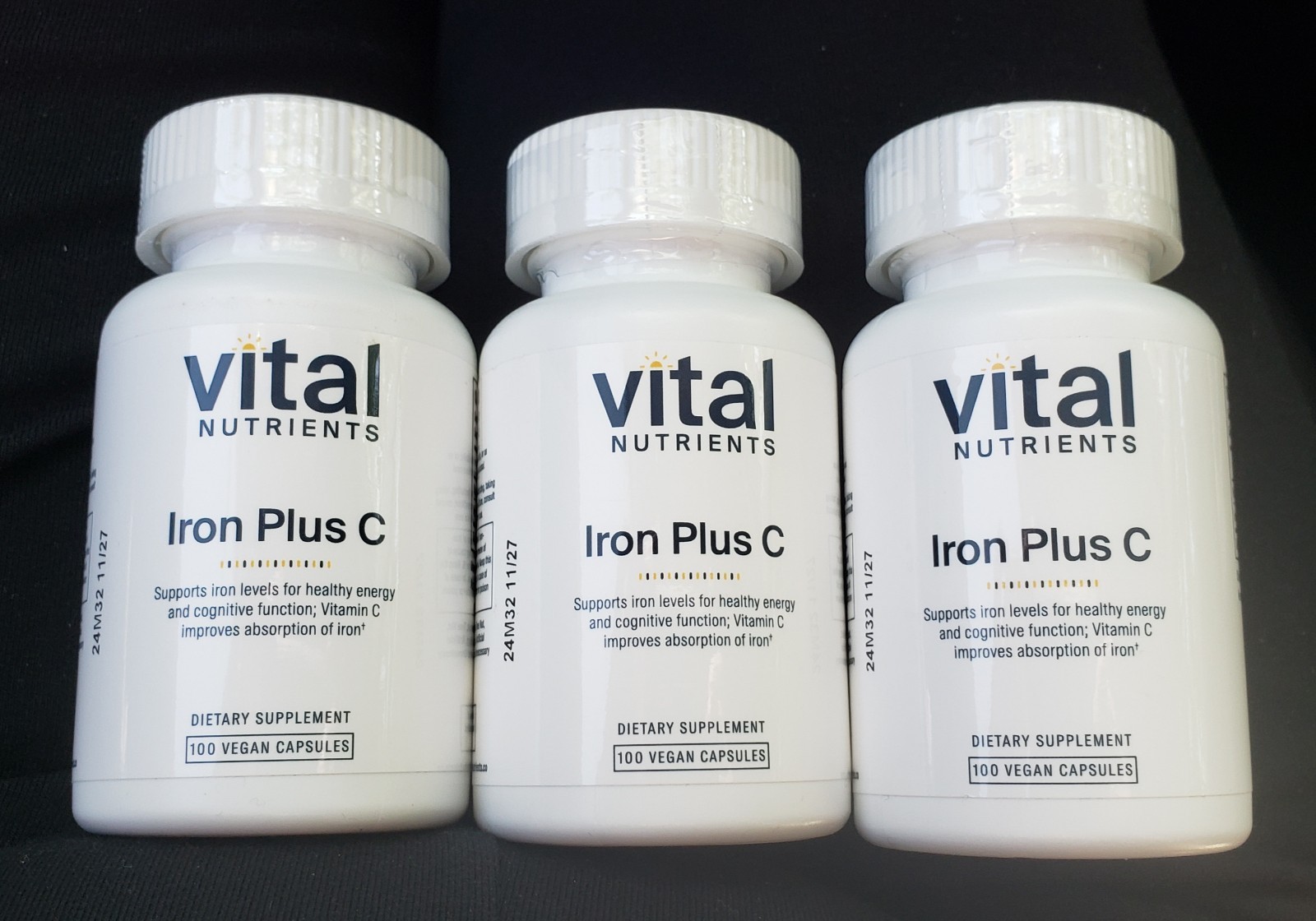 Lot Of 3 Bottles Of Vital Nutients Iron Plus C, 100 Vegan Capsules, Exp 11/2027