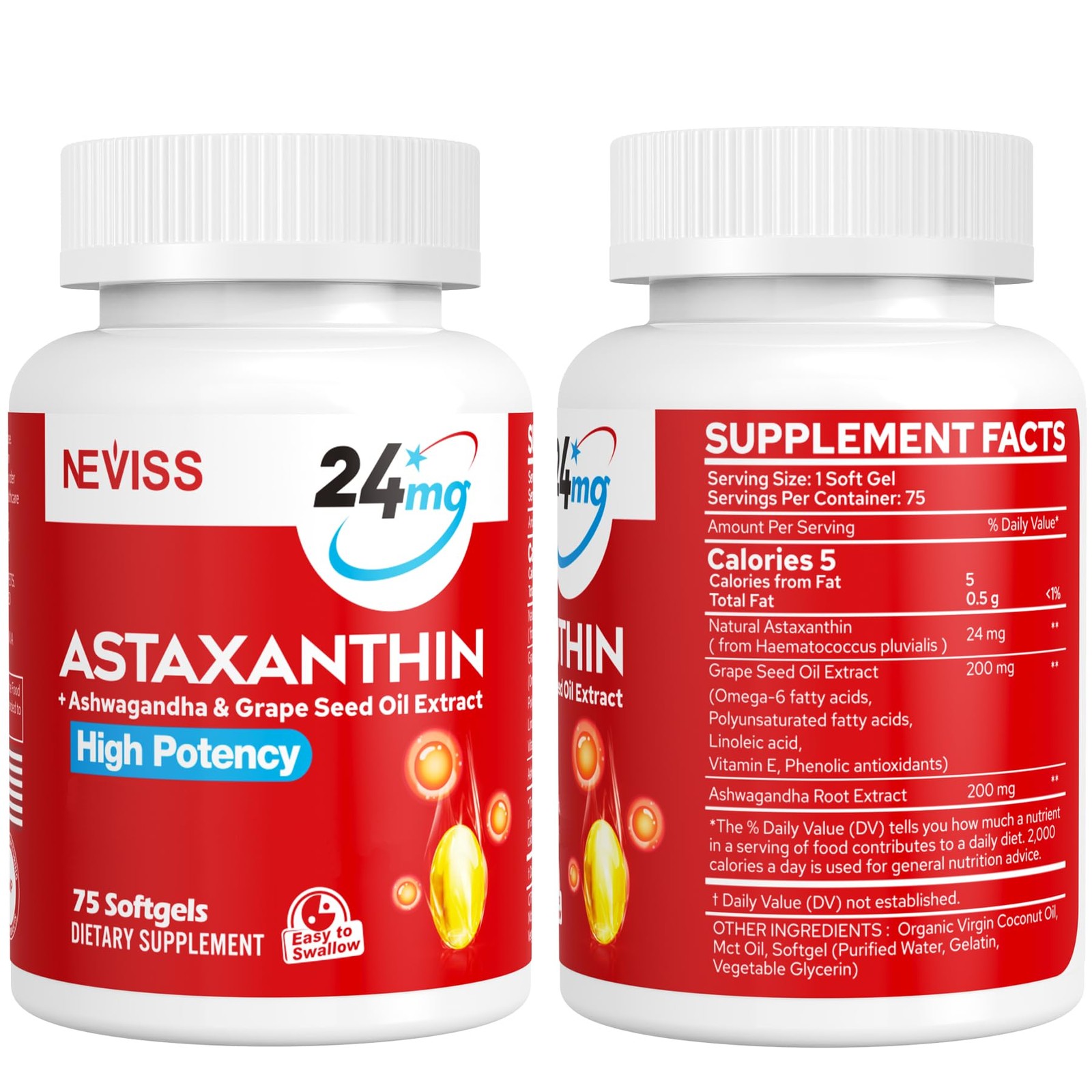Astaxanthin Supplements 24mg, 5 Month Supply Coconut MCT Oil, Fresh Microalg…