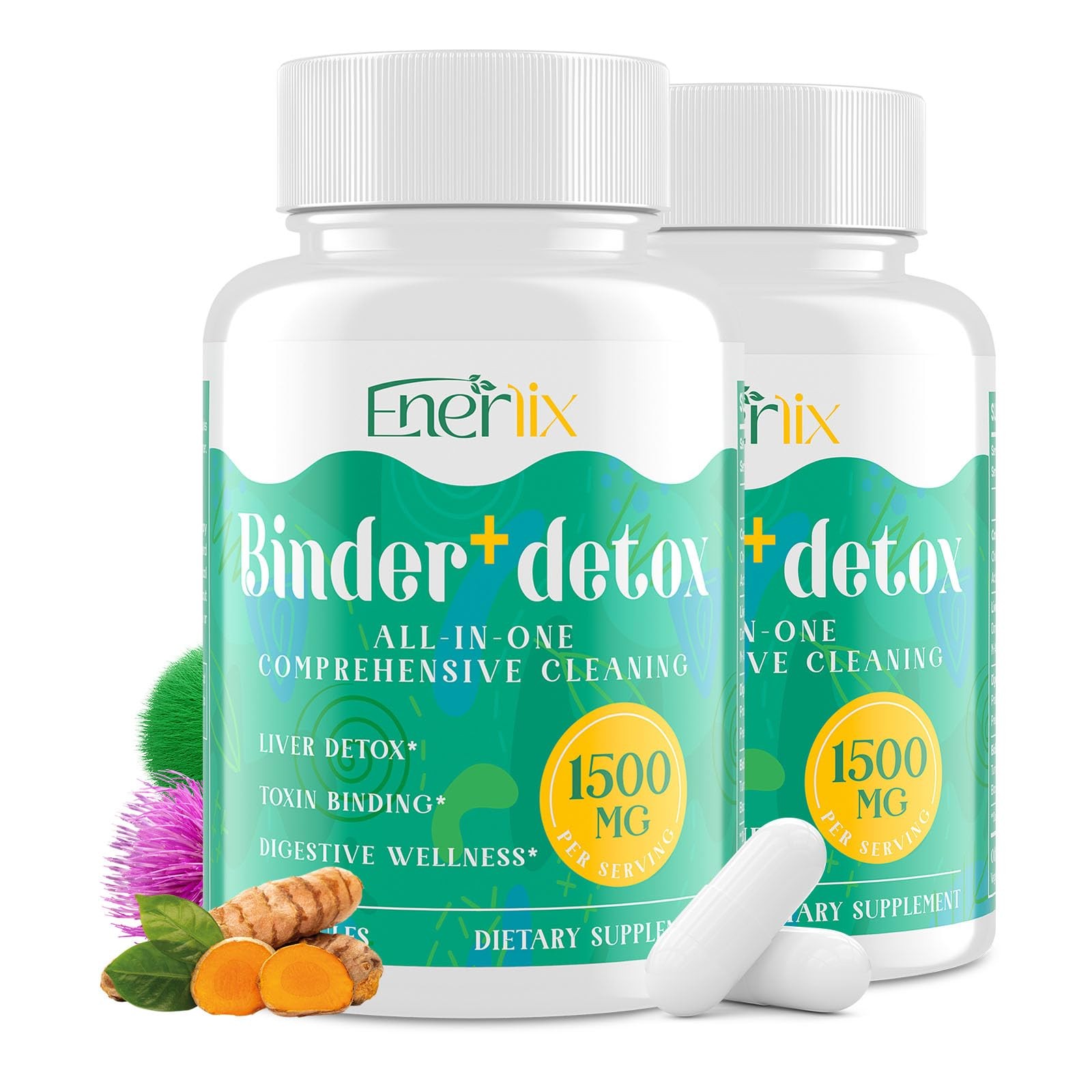 Enerlix 15-in-1 Detox Binder, Activated Charcoal, 90 Count (Pack of 2), No