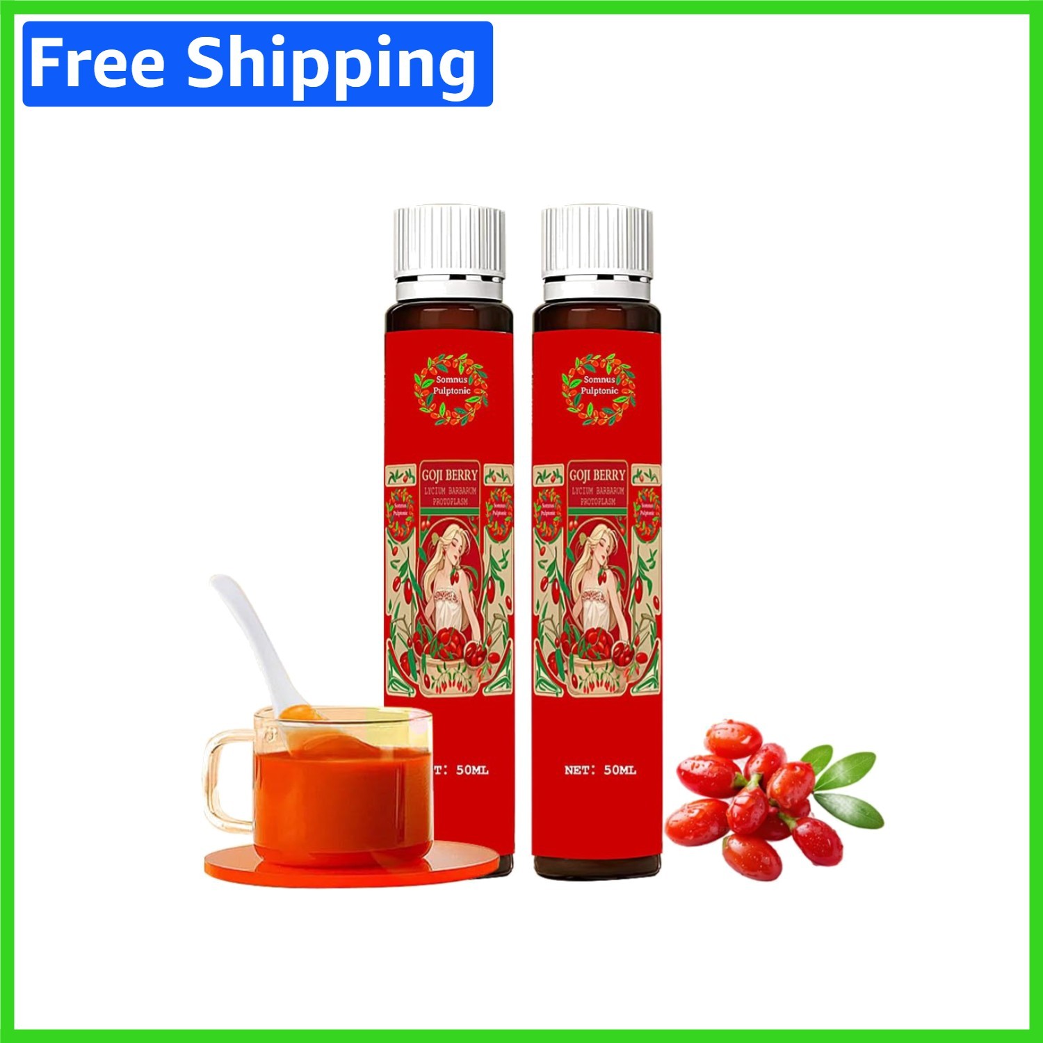 Pure Goji Berry Juice – No Additives, 3.38 Fl Oz Pack of 2 for Vitality & Sleep