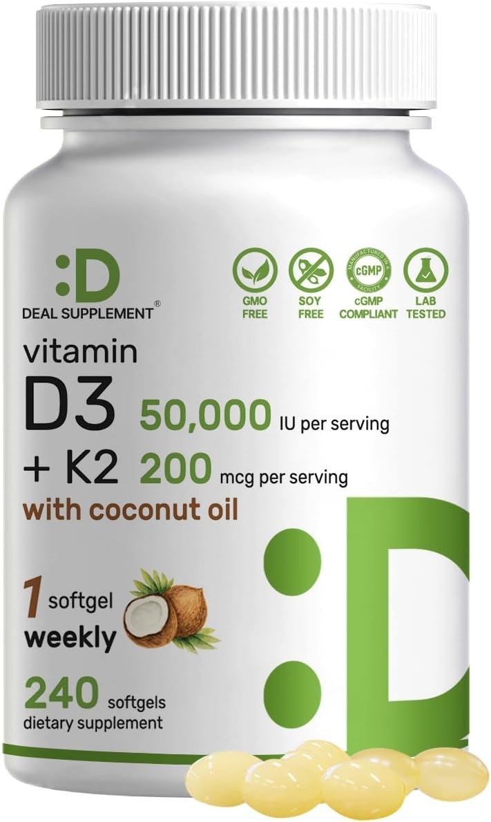 DEAL SUPPLEMENT Vitamin D3 50,000 IU + K2 MK7 200mcg 240 Count (Pack of 1)