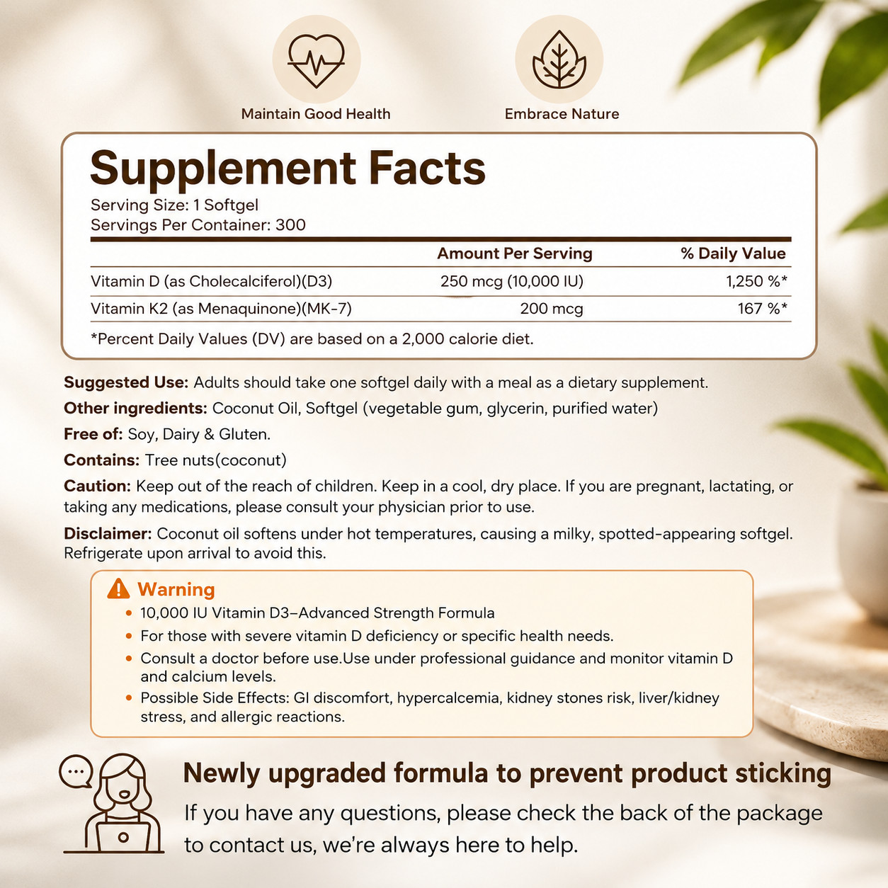 VEV D3 K2 10000IU – 200mcg K2 MK7 with Coconut Oil, 300 Softgels