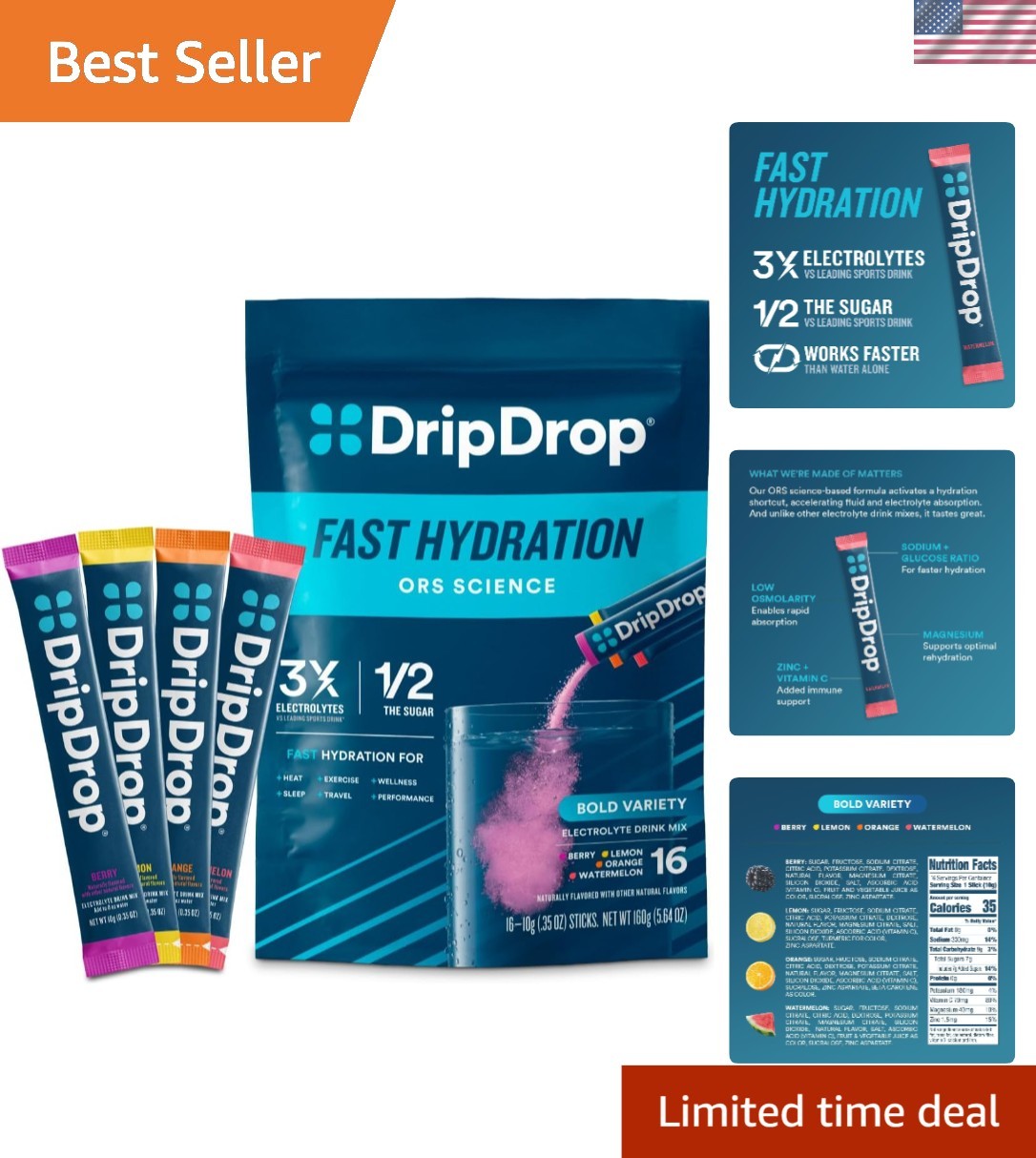 Single Serve Electrolyte Drink Mix – Gluten-Free & – 16 Flavor Sticks