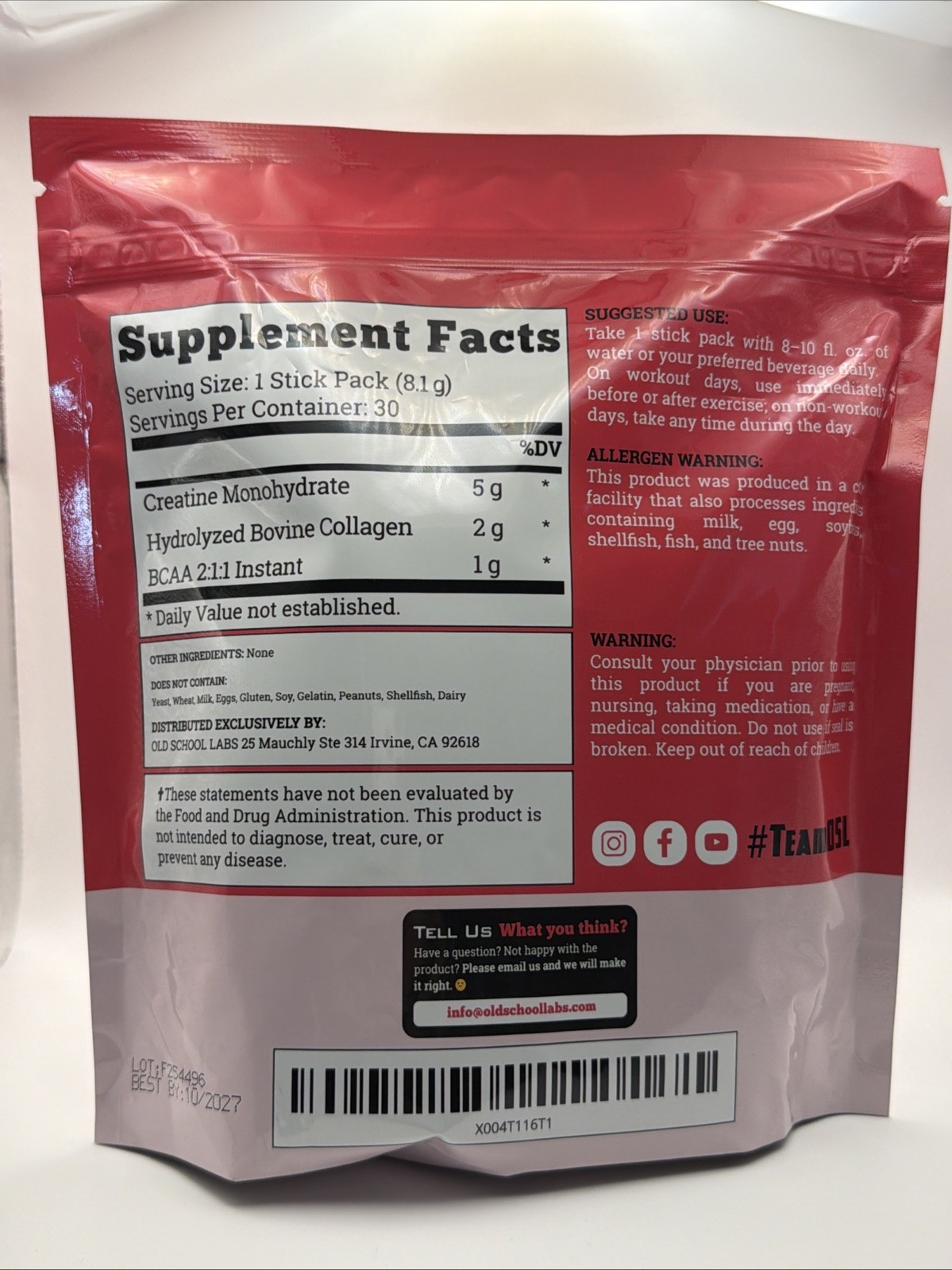 Old School Labs Creatine Monohydrate Collagen Made For Women 30 Stick Packs