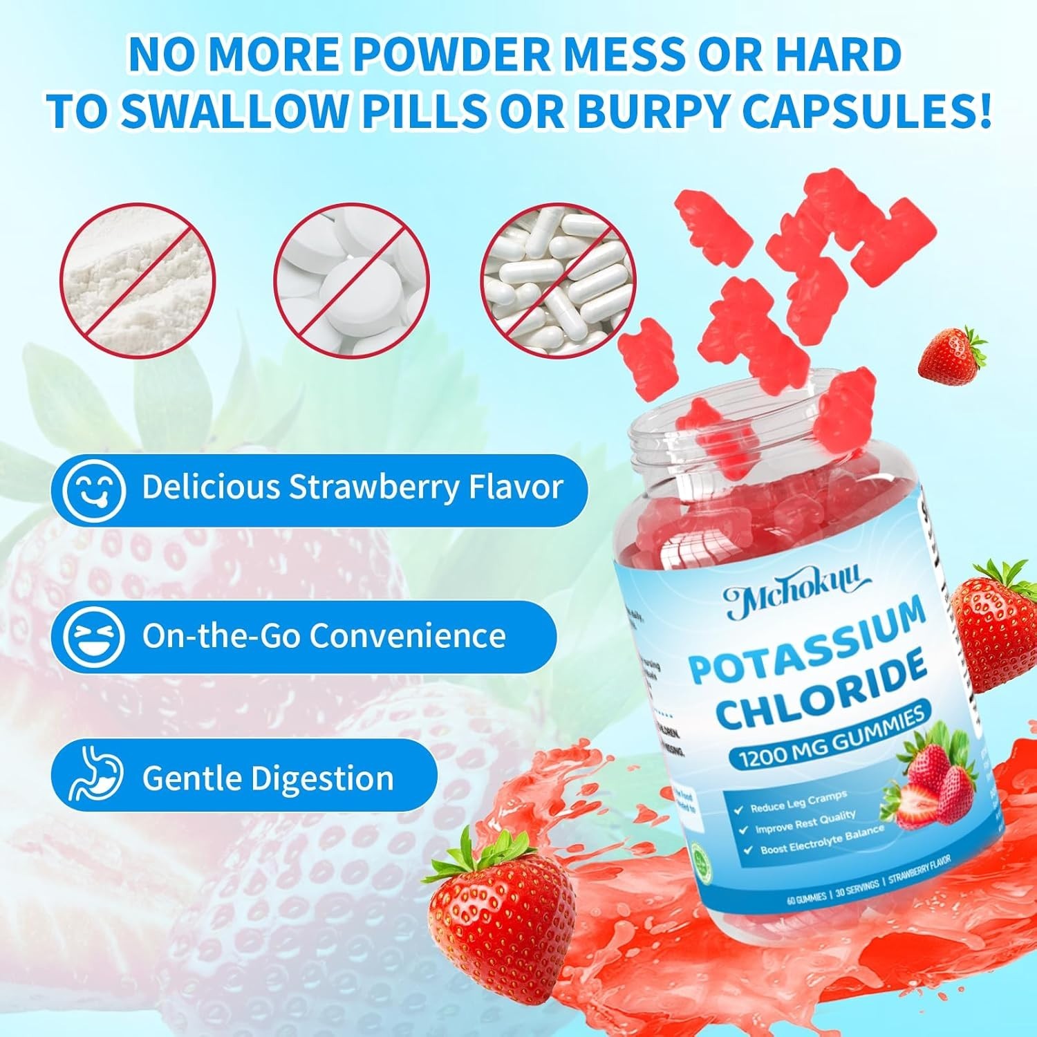 Potassium Chloride Gummies 1200mg for Adults & Kids, Sugar-Free Potassium Supple