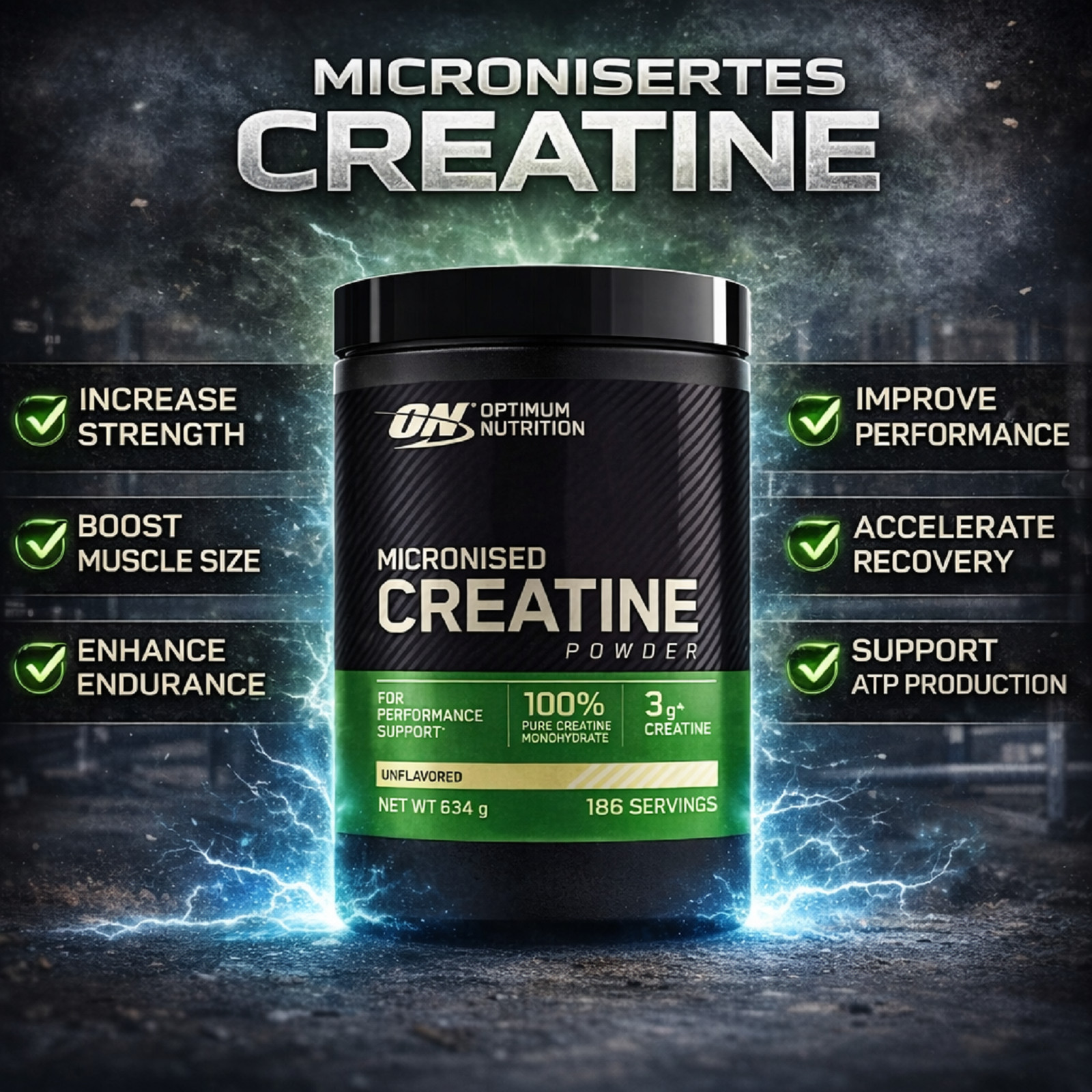 OPTIMUM ON Creatine Powder 100% PURE – 634g – 186 SERVINGS – Muscle Growth TOP