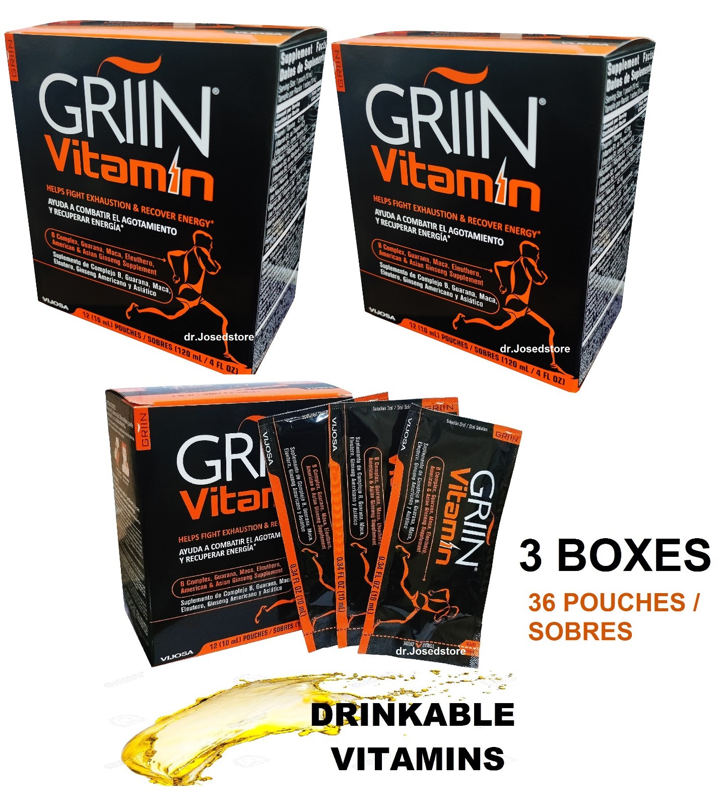 3 GRIIN VITAMIN MACA ROOT ENERGY LIQUID VITAMINS Maca Extract 12 10ml pouches ea
