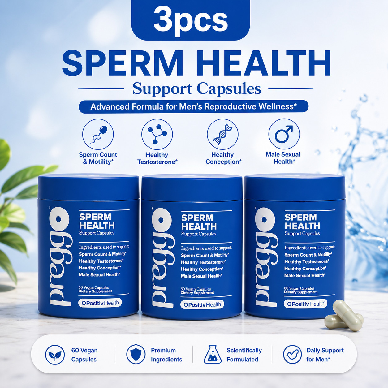 3PACK Preggo Sperm Health Capsules for Men Sperm Vegan & Motility,180 Count Caps