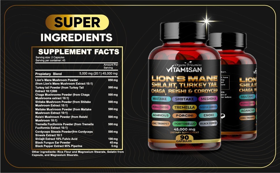 Mushroom Complex Supplement Capsules 18 Mushrooms Lions Mane, Reishi, Chaga,Shil