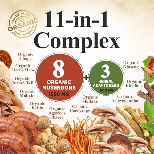 Mushroom Supplement Powder 11 in 1 Complex Formula Powder with Organic Lions