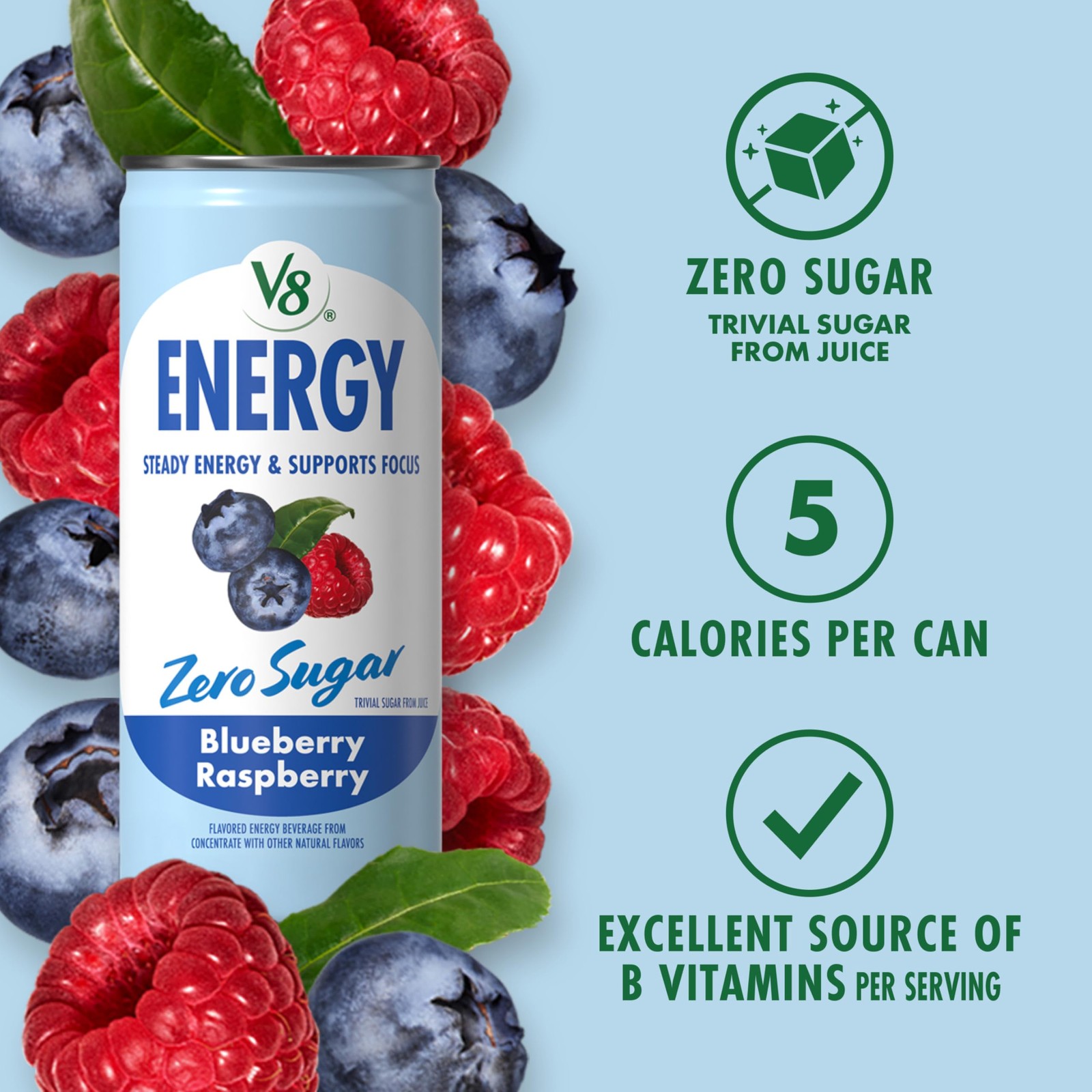 V8 Energy Zero Sugar Blueberry Raspberry, 8 fl. oz. Can 24 Pack