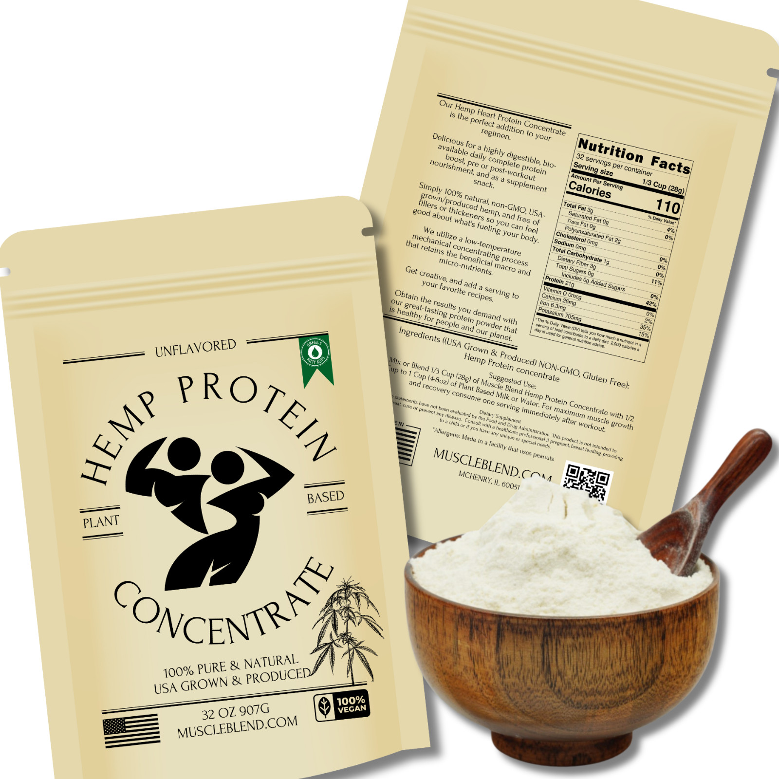 Hemp Heart Protein Concentrate Powder, USA, All-Natural, Non-GMO, Gluten Free