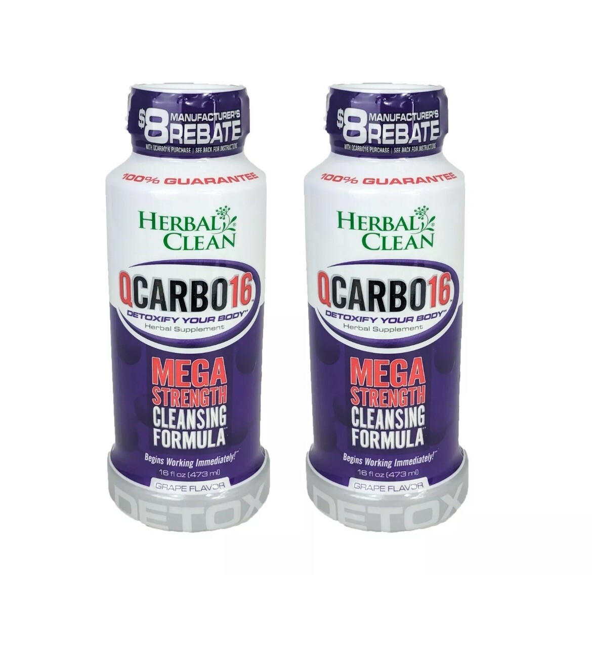 2-Pack Herbal Clean Qcarbo16 Mega Strength Cleansing Detox, 16oz, Grape Flavor