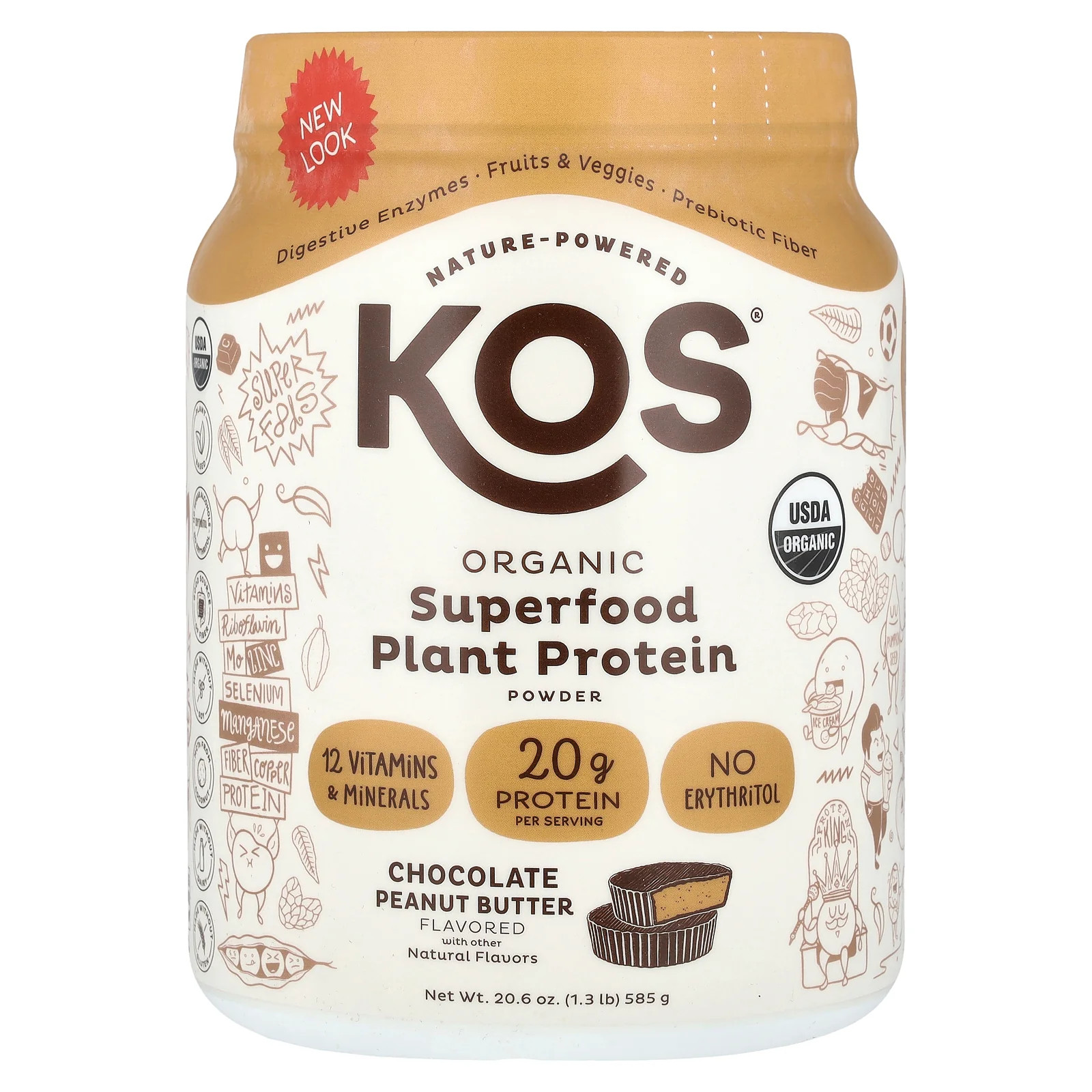 2 X KOS, Organic Superfood Plant Protein Powder, Chocolate Peanut Butter, 1.3 l