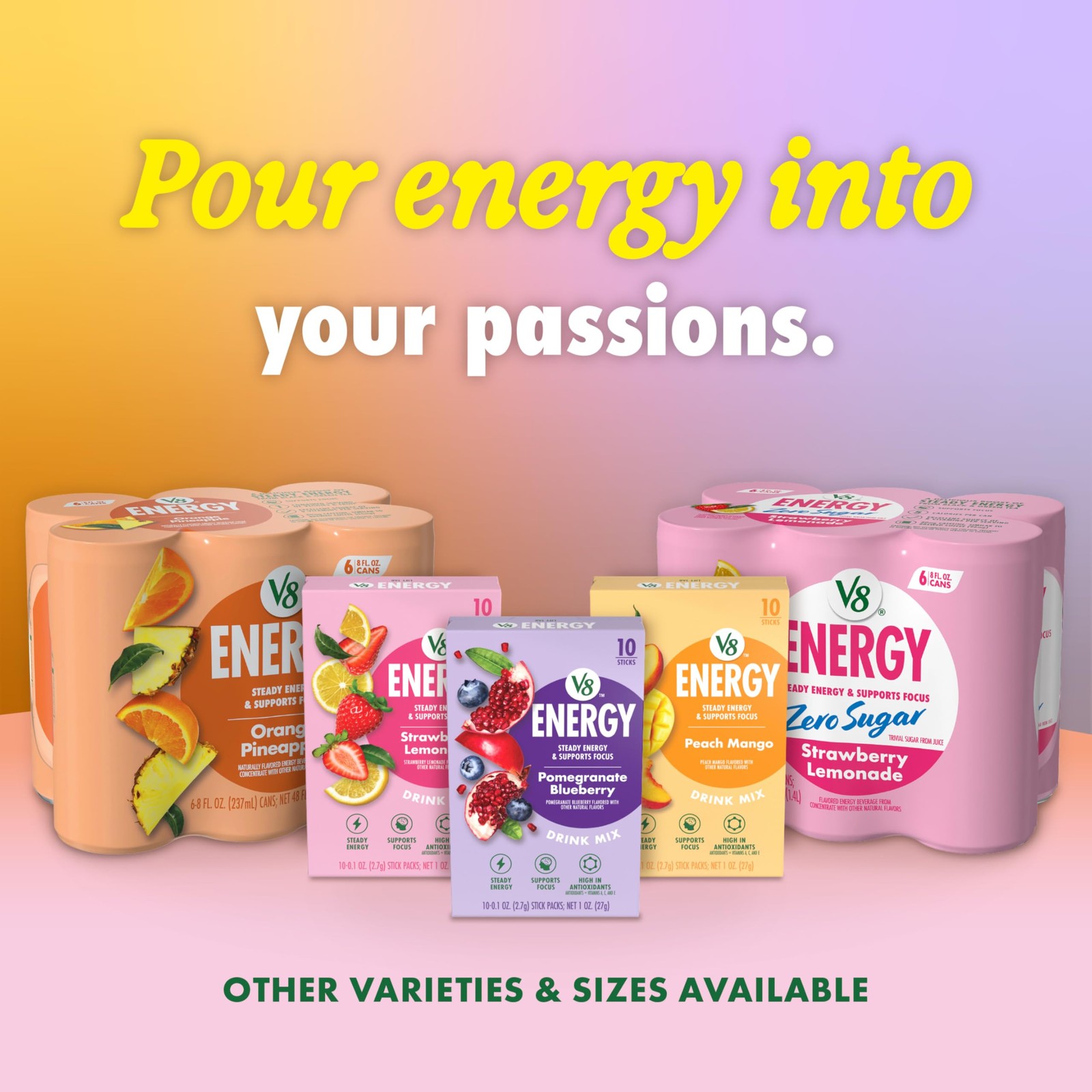 V8 Energy Zero Sugar Blueberry Raspberry, 8 fl. oz. Can 24 Pack