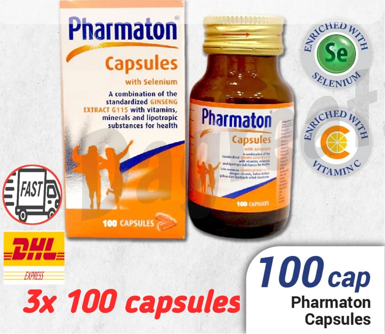 3X New Pack PHARMATON 100’s Caps Ginseng Extract Selenium Energy Boost FREE DHL