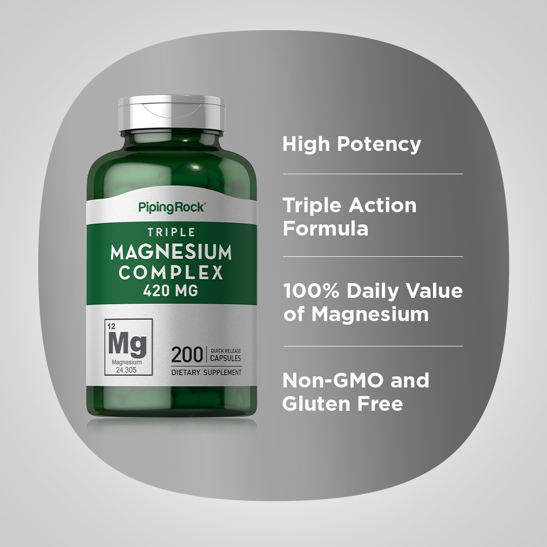 Triple Magnesium Complex | 420 mg | 200 Capsules | Non-GMO | By Piping Rock