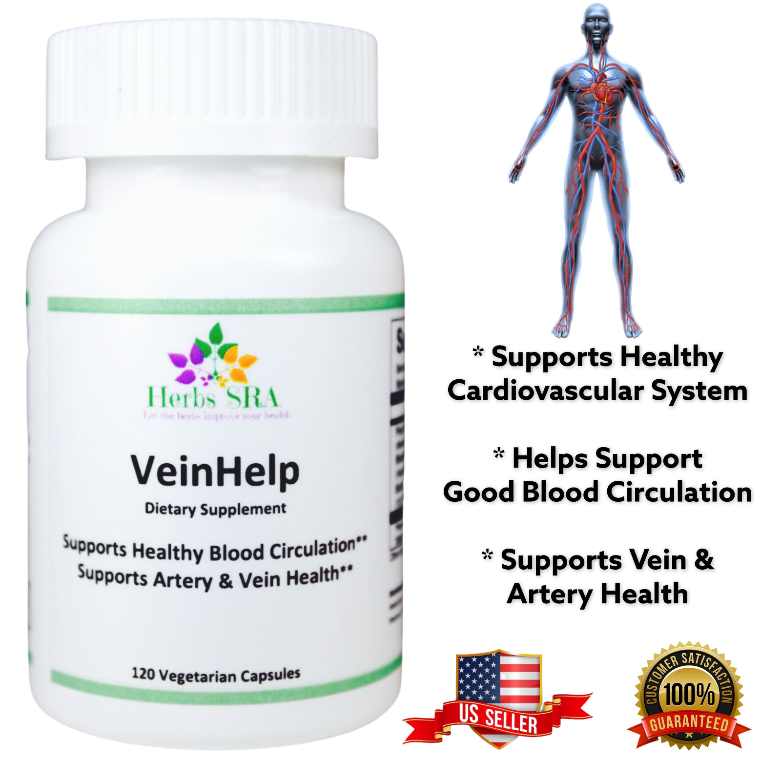 VEIN HELP, 120 Capsules. Clean Veins and Arteries, Blood Flow & Blood Vessels.