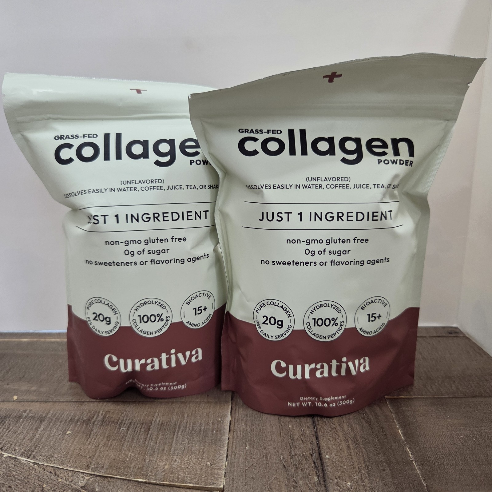 TWO PACK Curativa Grass-fed Collagen Peptides 20 g Pure Collagen, 300g Pouch