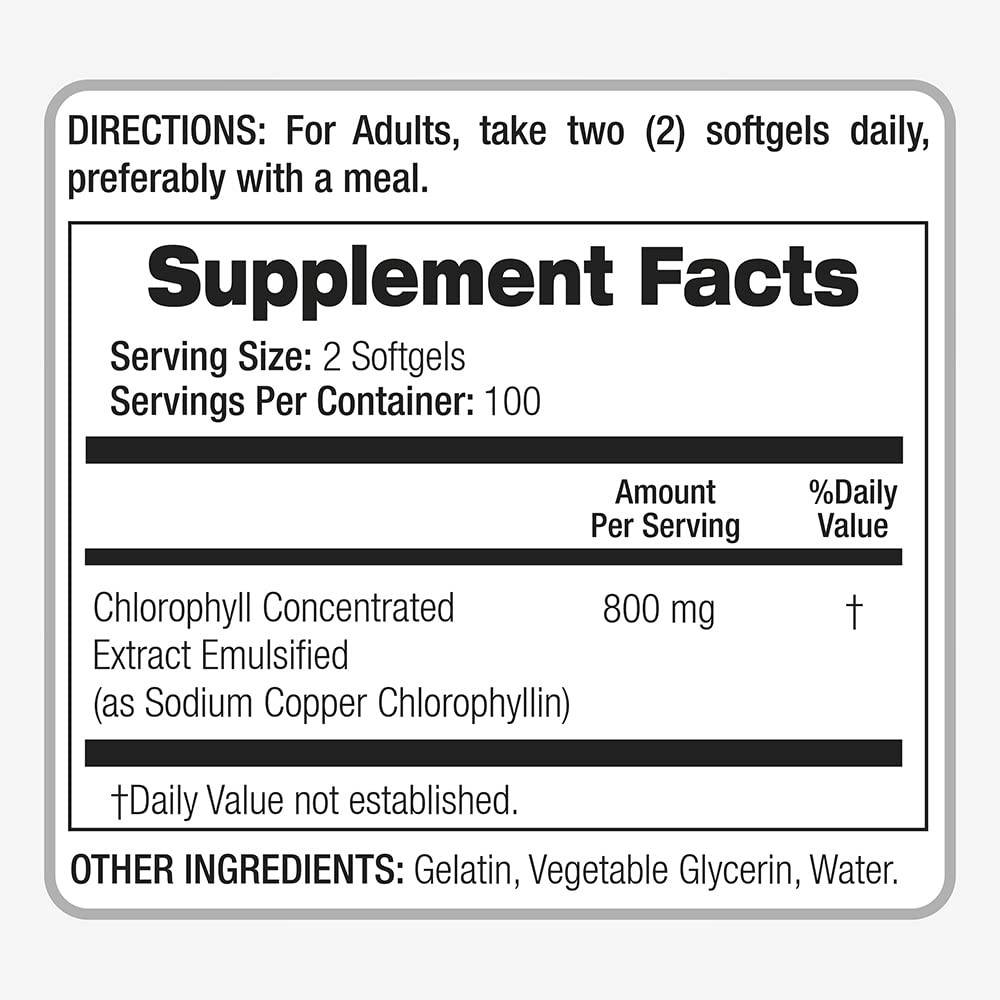 Lab – Chlorophyll – pure – 800 mg per serving- 200 Softgels – chlorophyll capsul