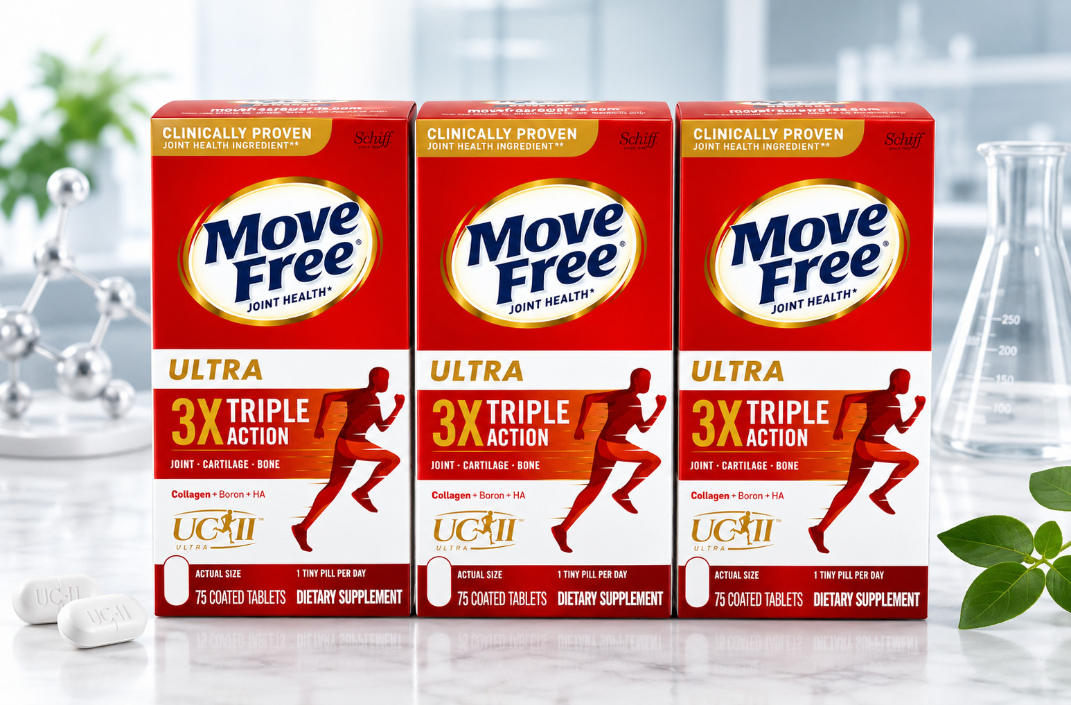 3 Bottles Schiff Move Free Ultra Triple Action 75 Tiny Tablets with UC II 09/28